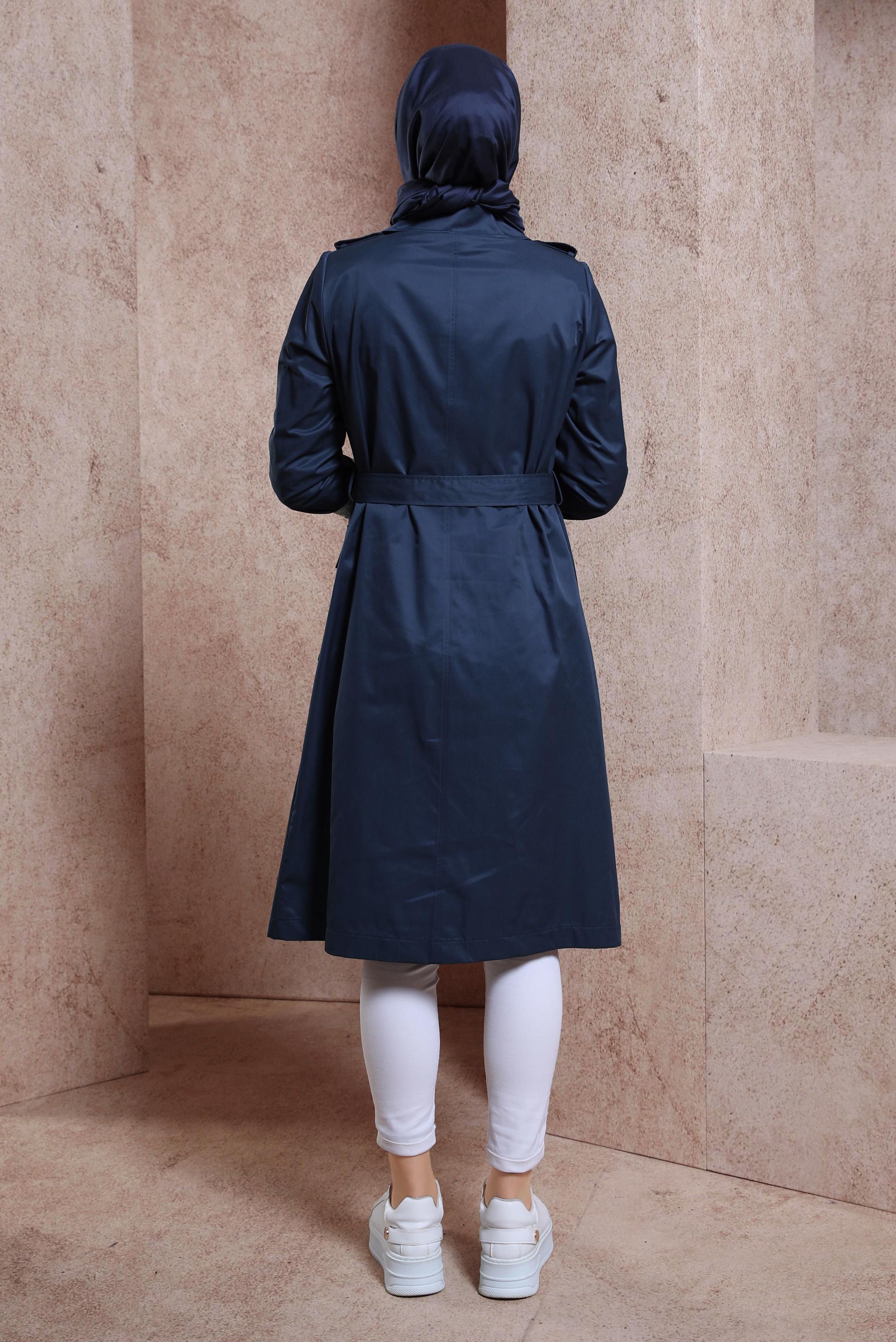 Tesettür giyim LACİVERT KUŞAKLI TRENÇKOT 10865