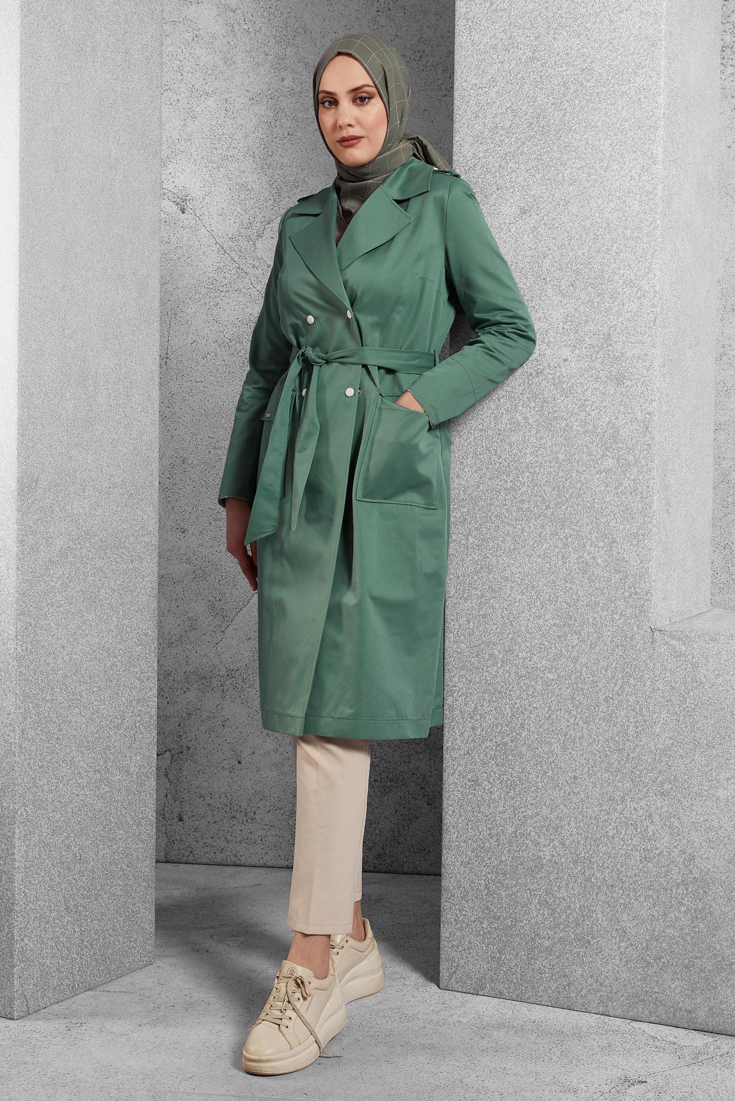 Tesettür giyim YEŞİL KUŞAKLI TRENÇKOT 10865
