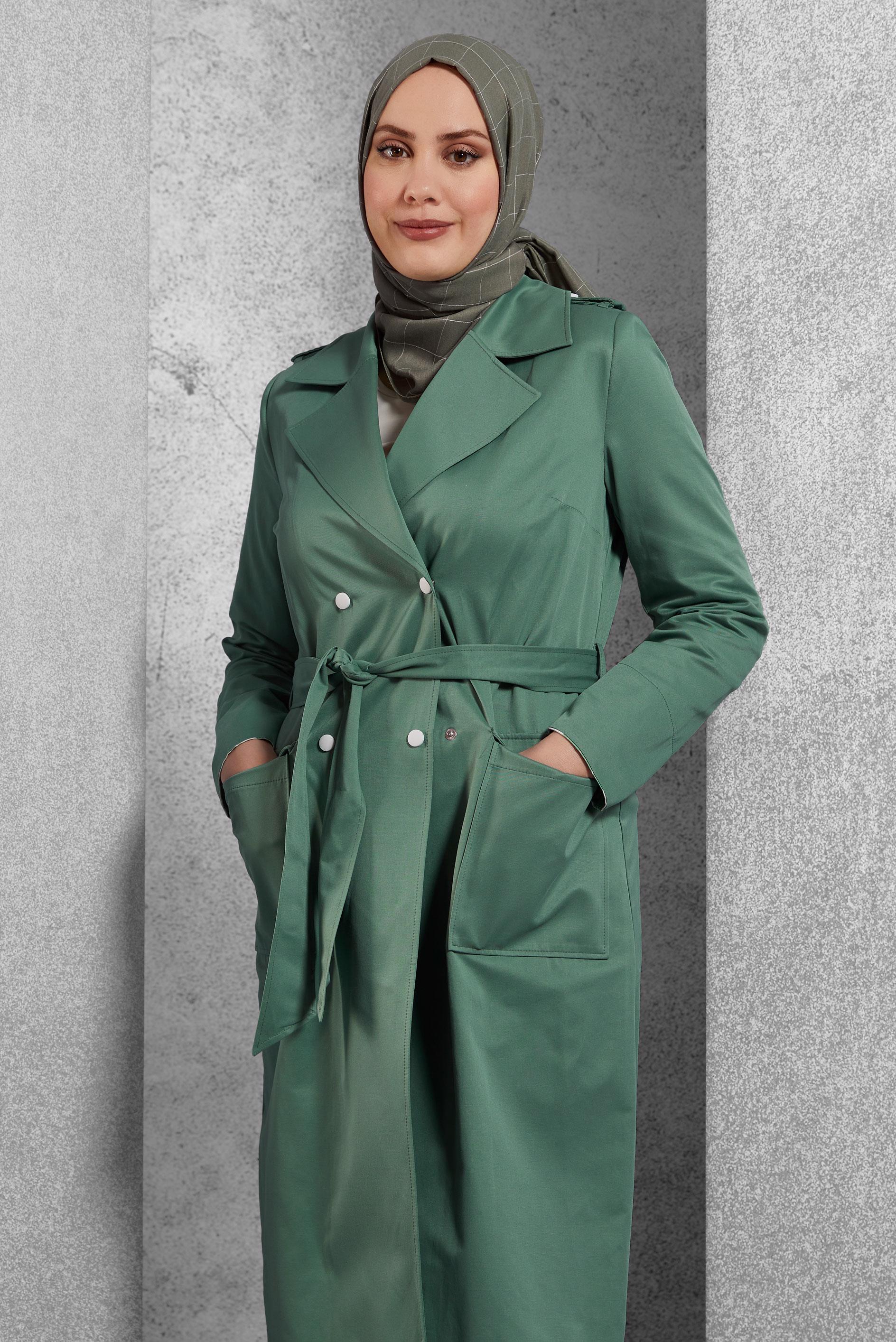 Tesettür giyim YEŞİL KUŞAKLI TRENÇKOT 10865