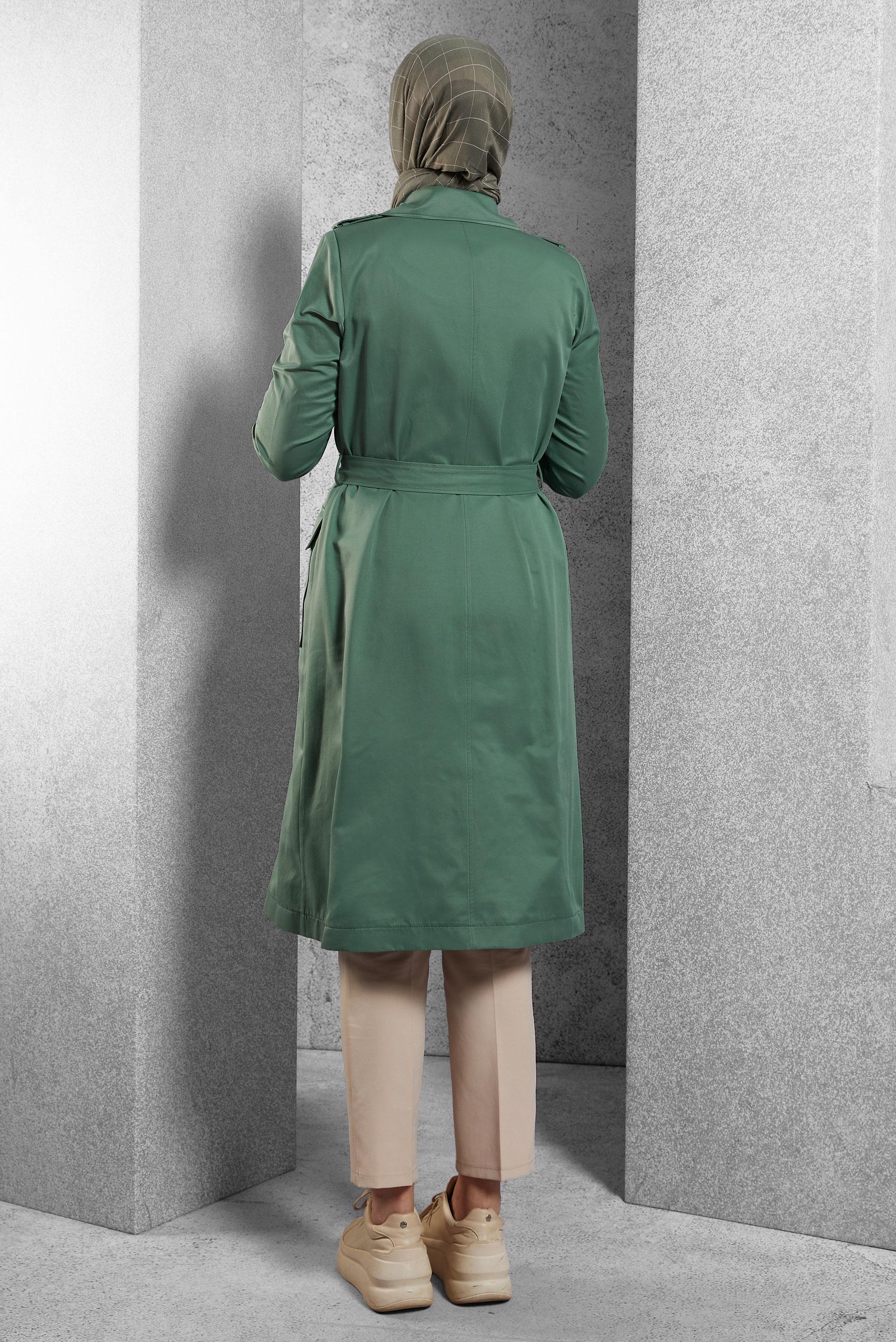 Tesettür giyim YEŞİL KUŞAKLI TRENÇKOT 10865