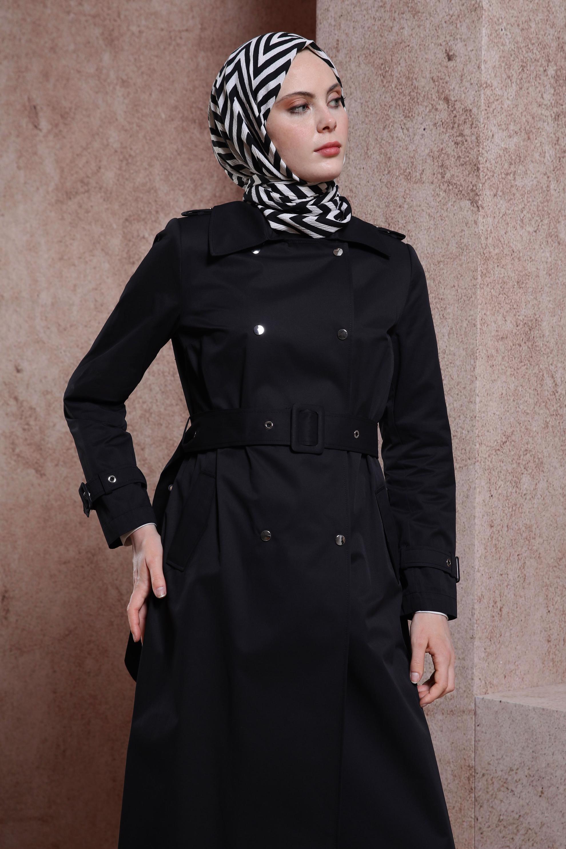 Tesettür giyim SİYAH KEMERLİ TRENÇKOT 10866