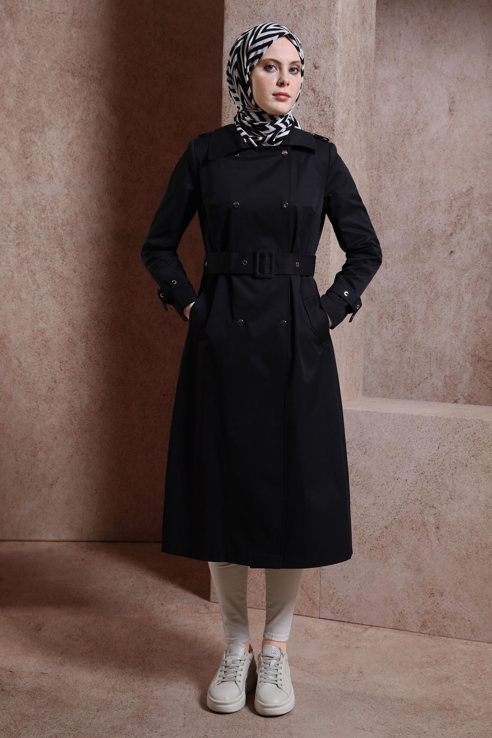 Tesettür giyim SİYAH KEMERLİ TRENÇKOT 10866