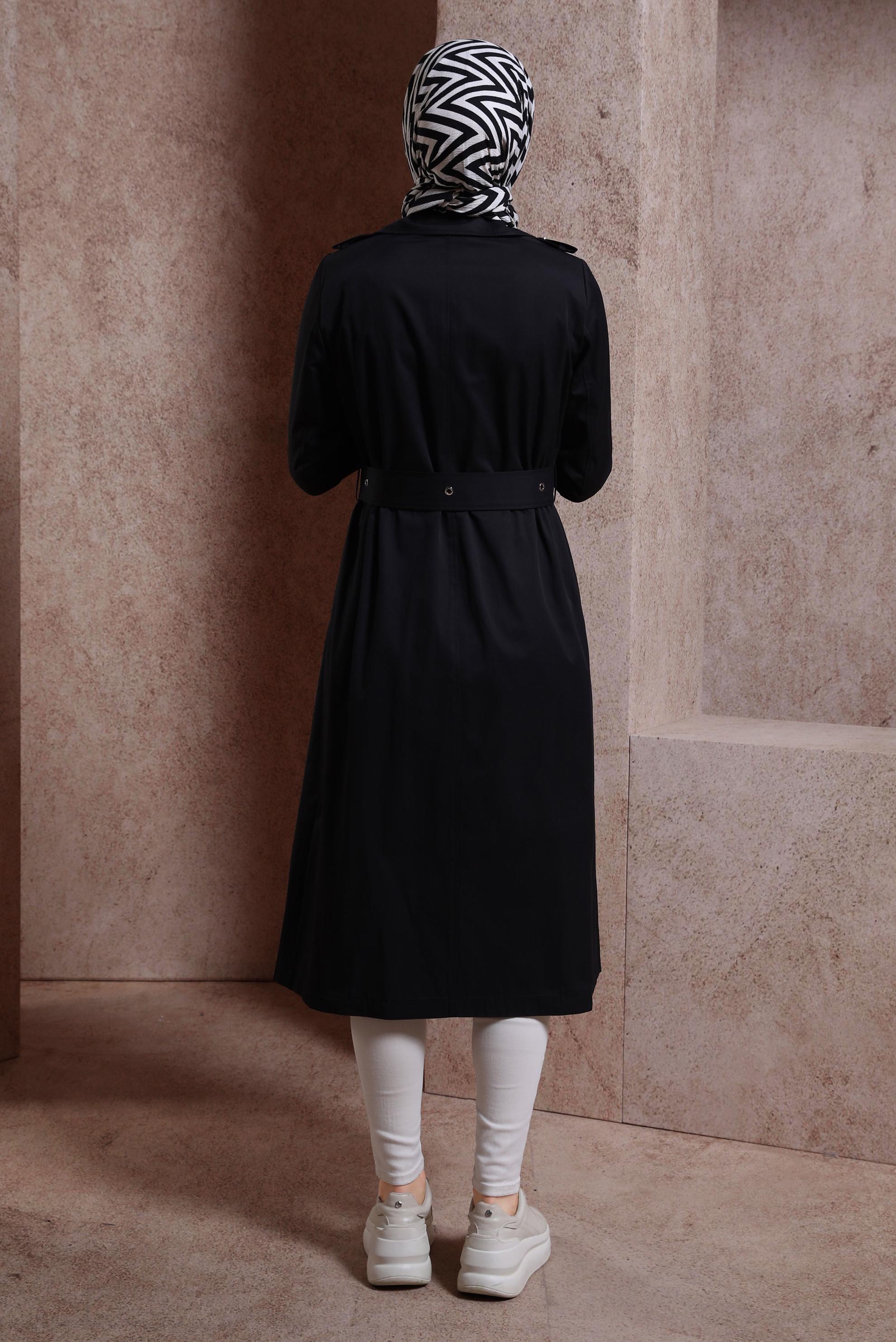 Tesettür giyim SİYAH KEMERLİ TRENÇKOT 10866