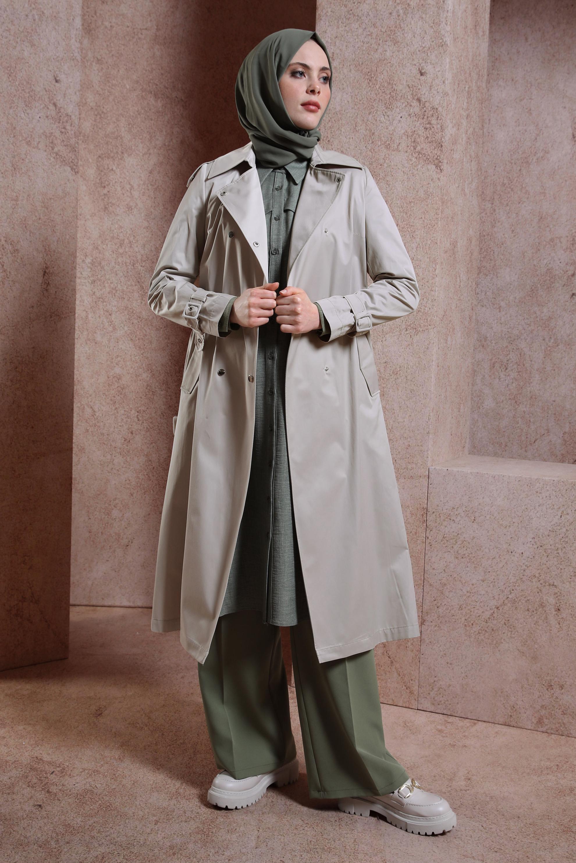 Tesettür giyim BEJ KEMERLİ TRENÇKOT 10866