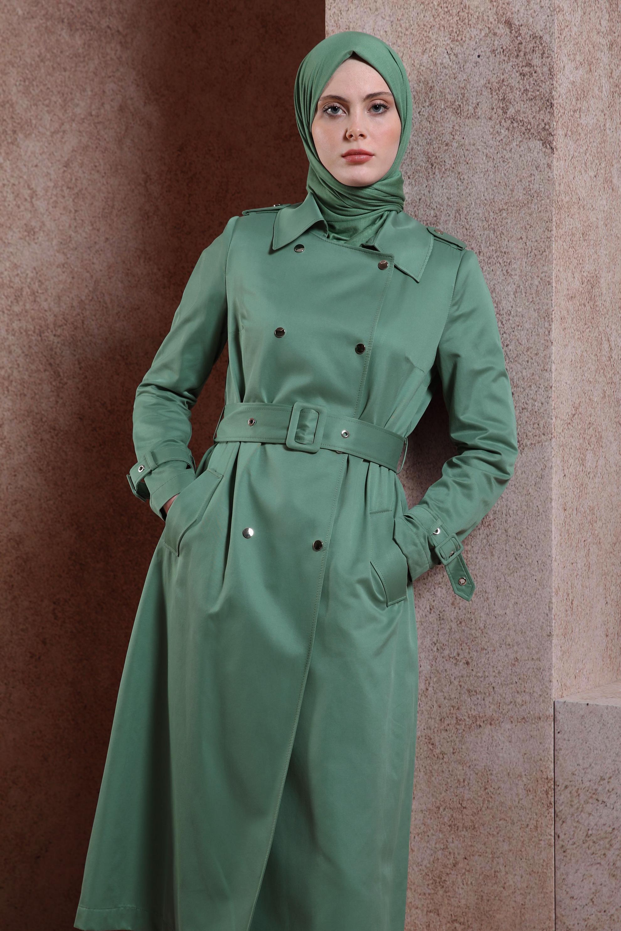 Tesettür giyim YEŞİL KEMERLİ TRENÇKOT 10866