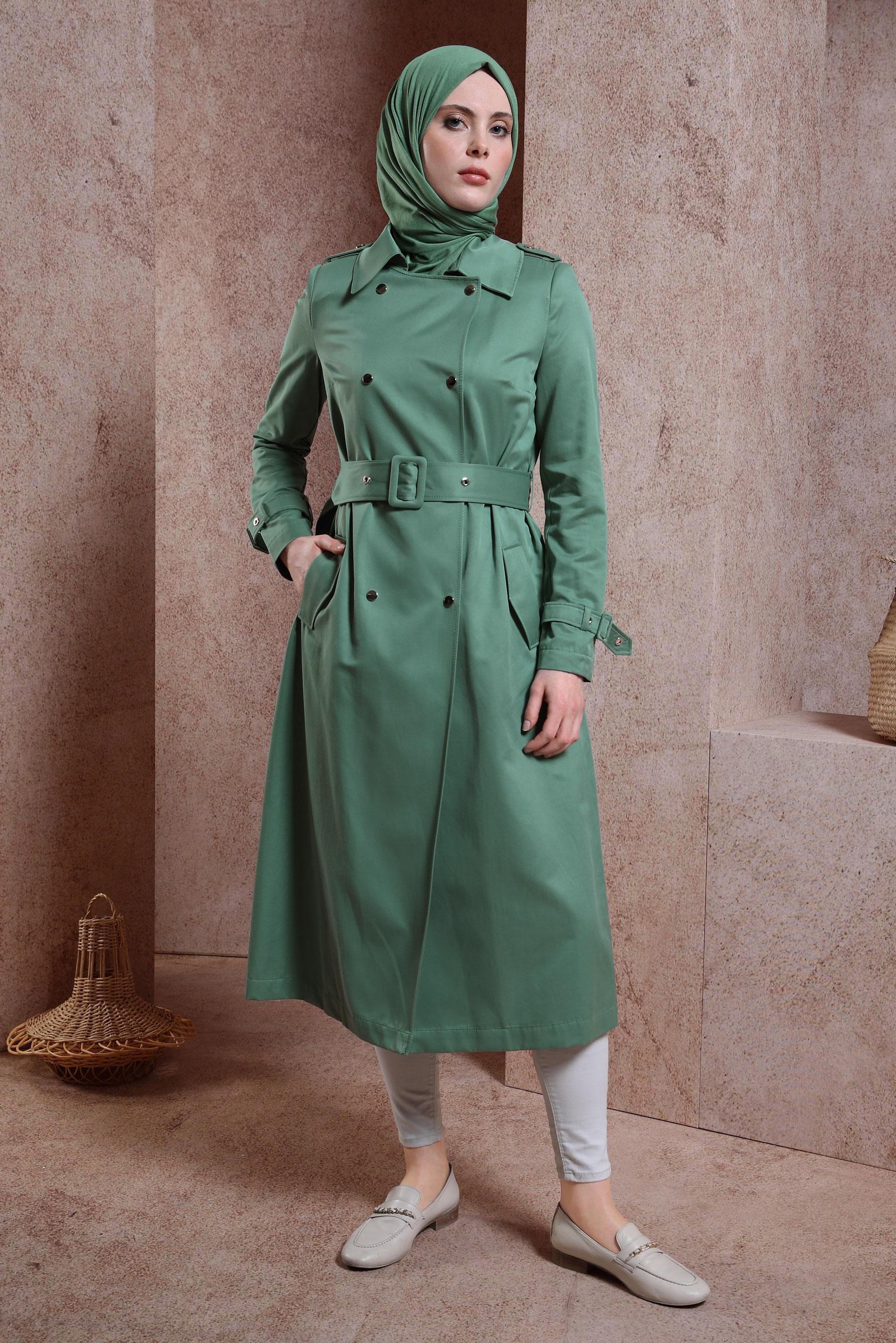 Tesettür giyim YEŞİL KEMERLİ TRENÇKOT 10866