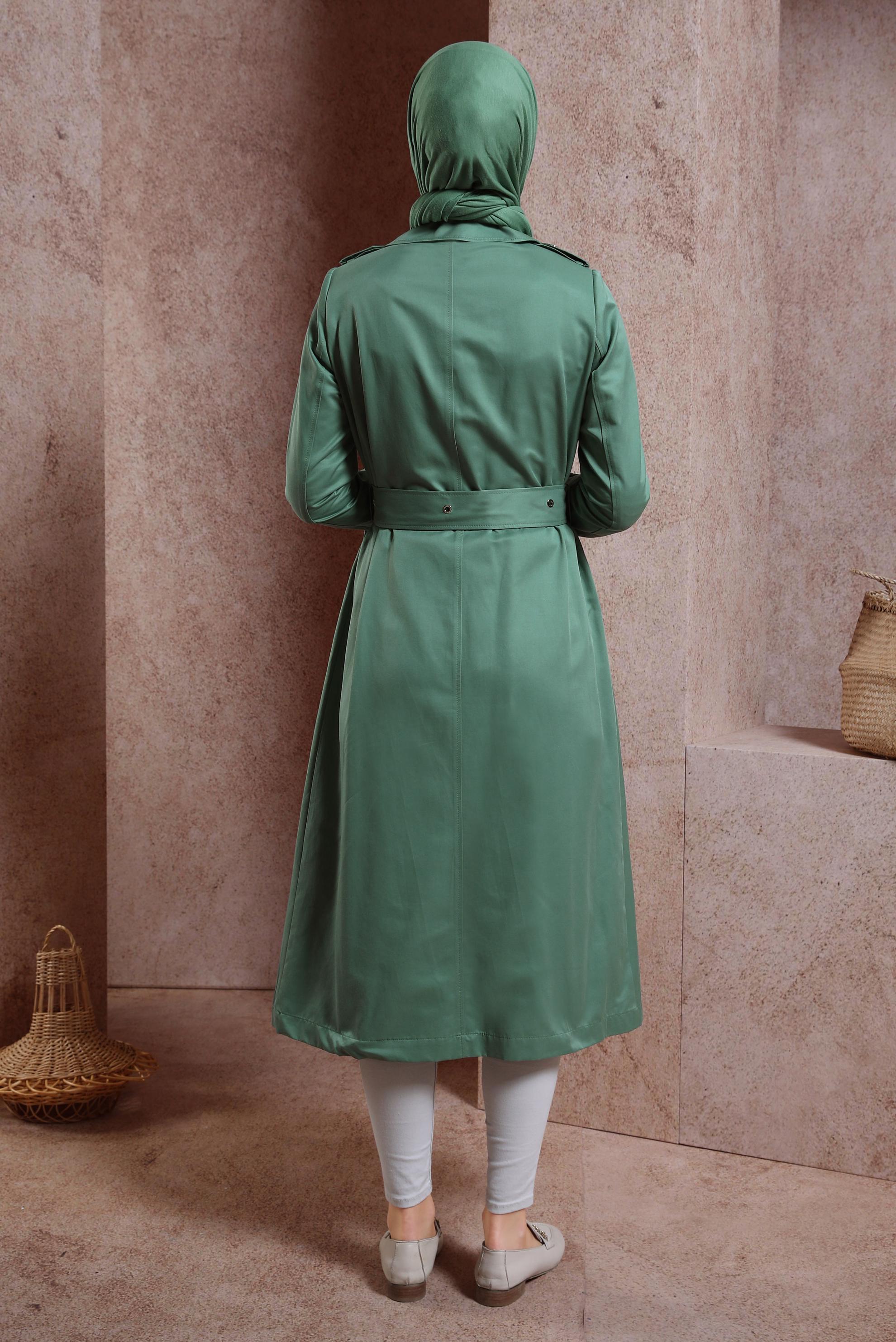 Tesettür giyim YEŞİL KEMERLİ TRENÇKOT 10866