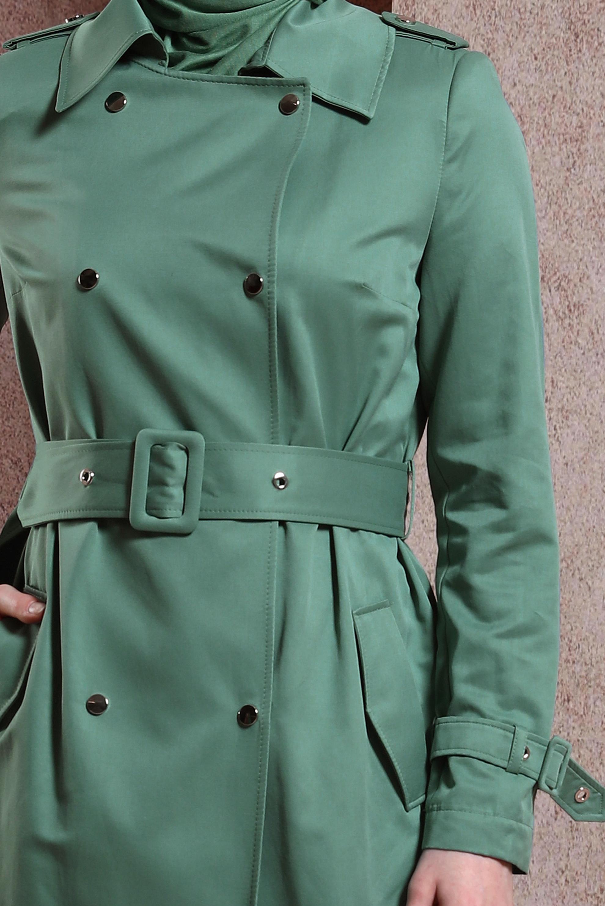 Tesettür giyim YEŞİL KEMERLİ TRENÇKOT 10866