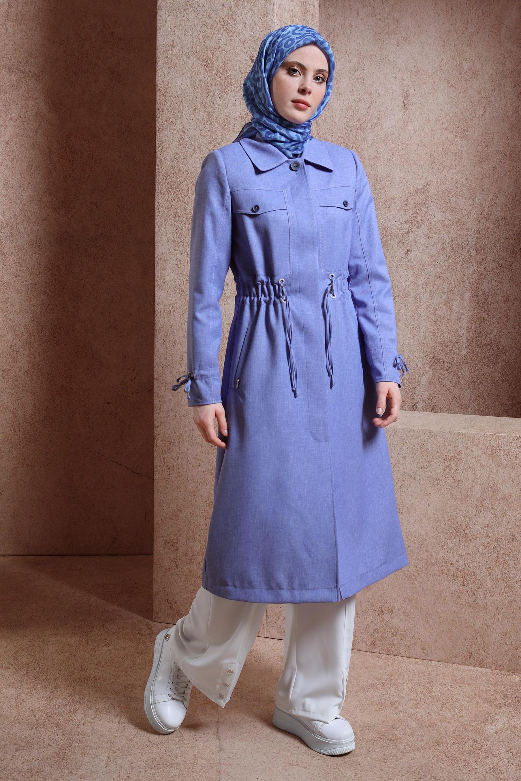 Tesettür giyim MAVİ BELİ BÜZGÜLÜ TRENÇKOT 10867