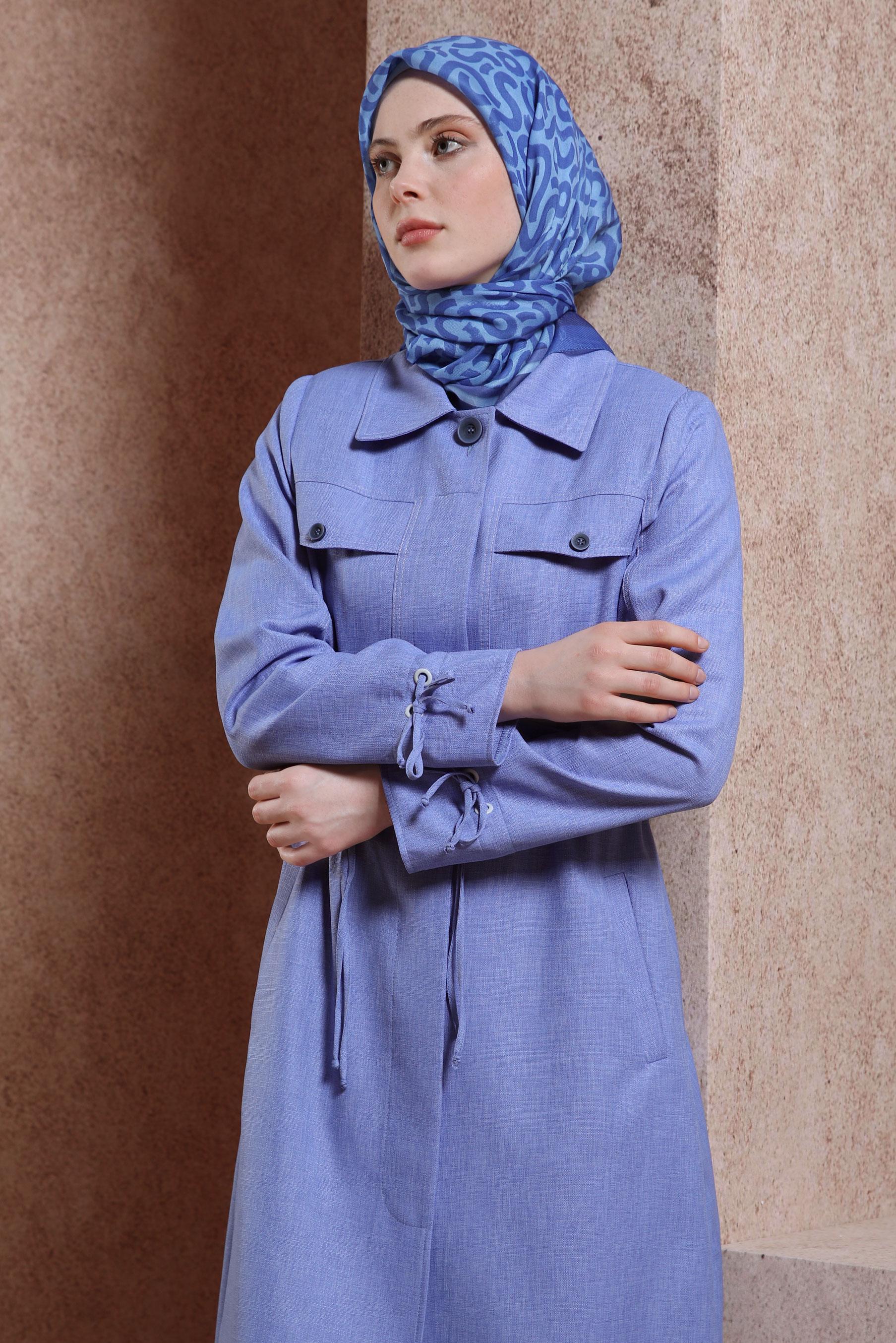 Tesettür giyim MAVİ BELİ BÜZGÜLÜ TRENÇKOT 10867