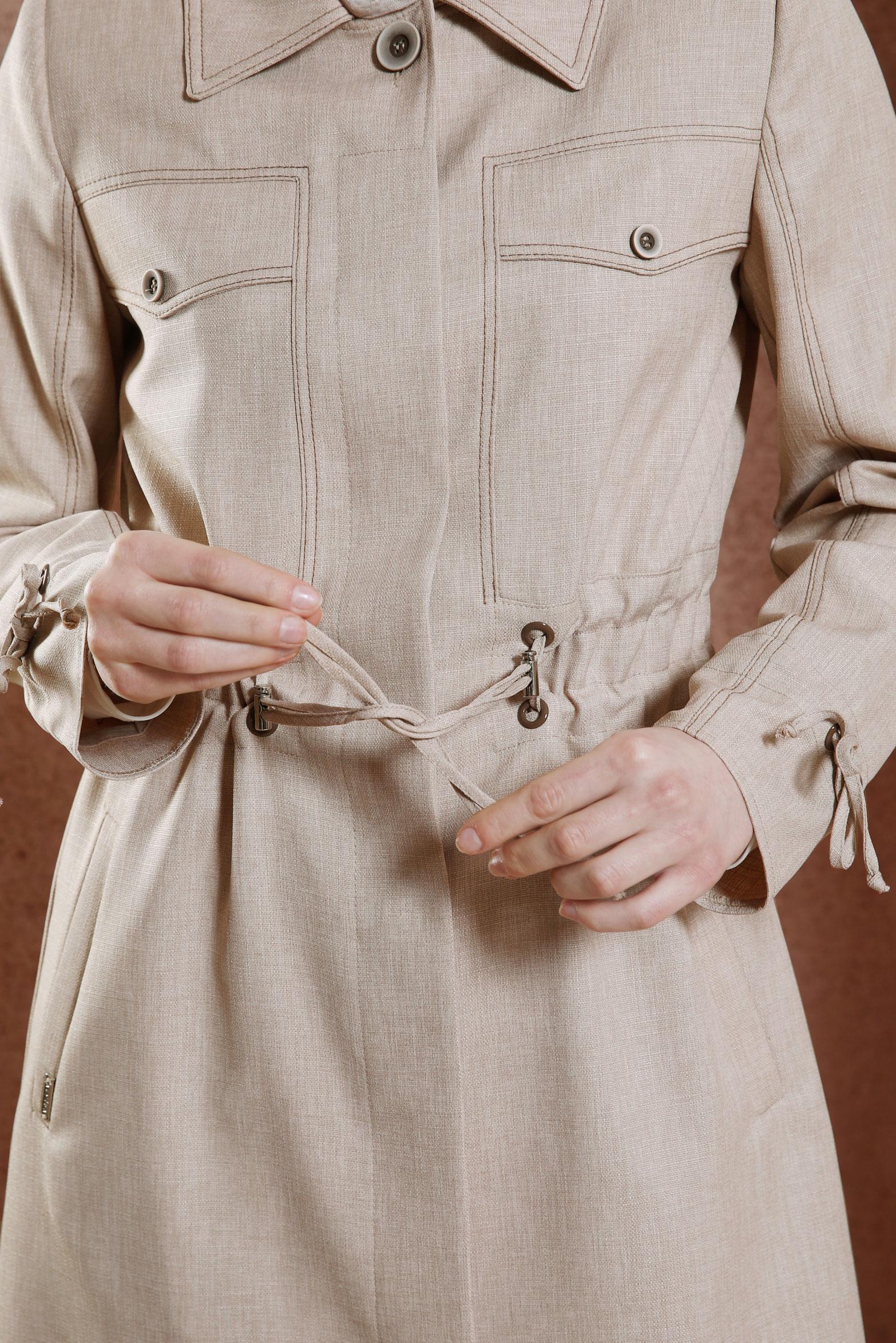 Tesettür giyim BEJ BELİ BÜZGÜLÜ TRENÇKOT 10867