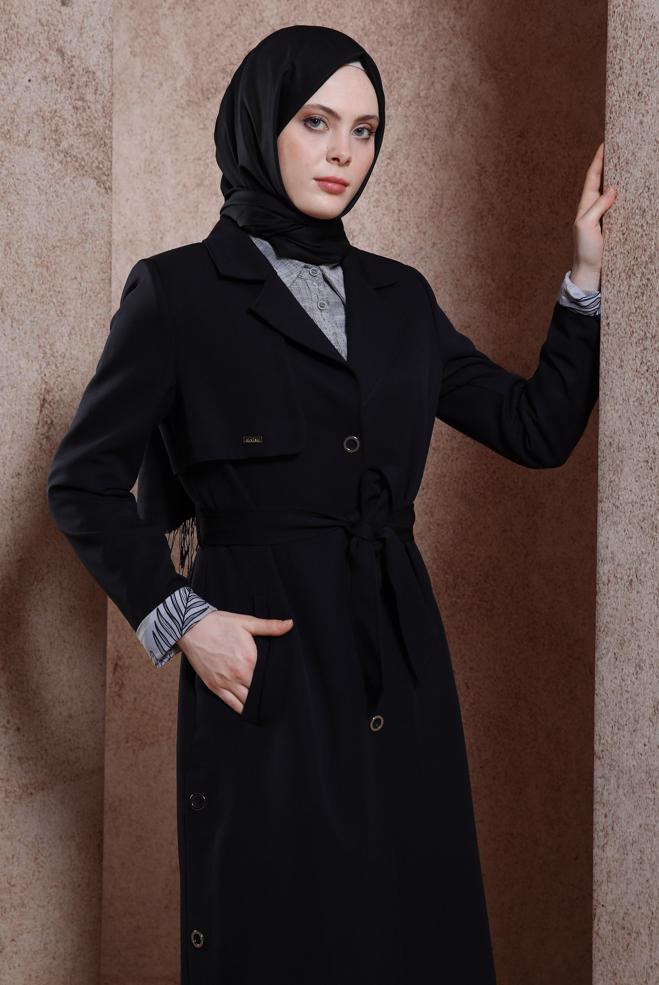 Tesettür giyim SİYAH KUŞAKLI TRENÇKOT 10868 - ALVİNA