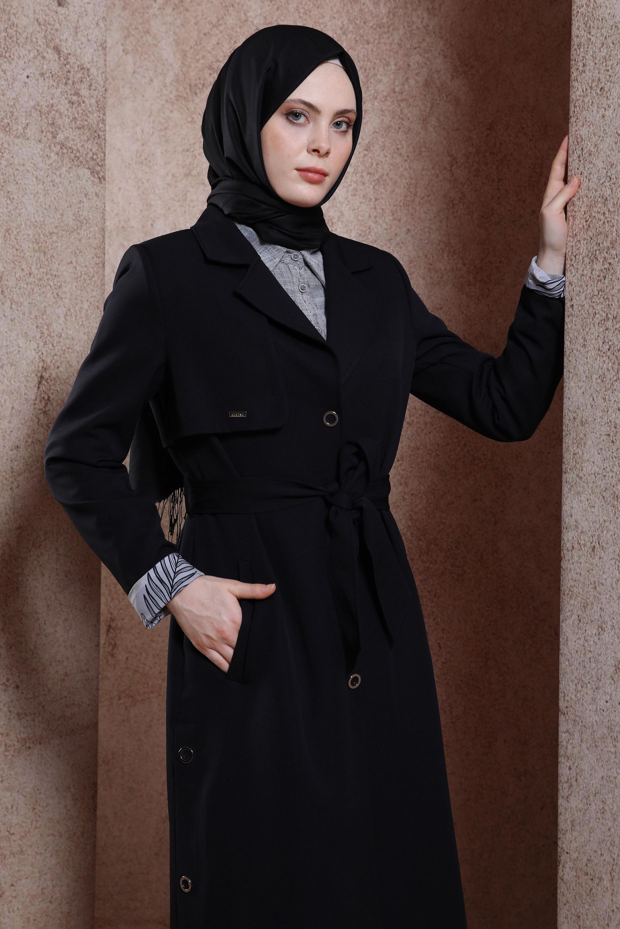 Tesettür giyim SİYAH KUŞAKLI TRENÇKOT 10868