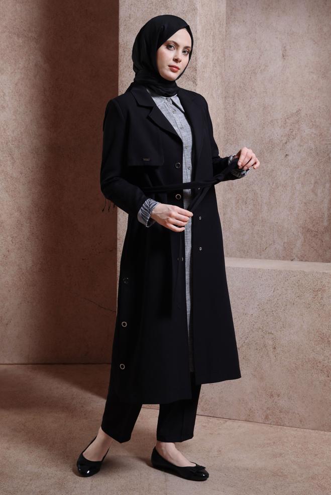 Tesettür giyim SİYAH KUŞAKLI TRENÇKOT 10868 - ALVİNA