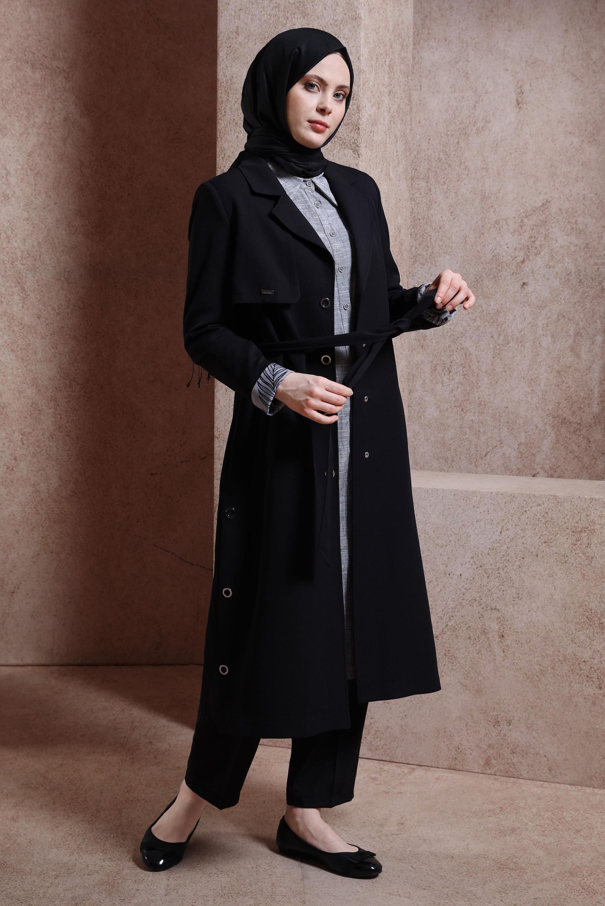 Tesettür giyim SİYAH KUŞAKLI TRENÇKOT 10868