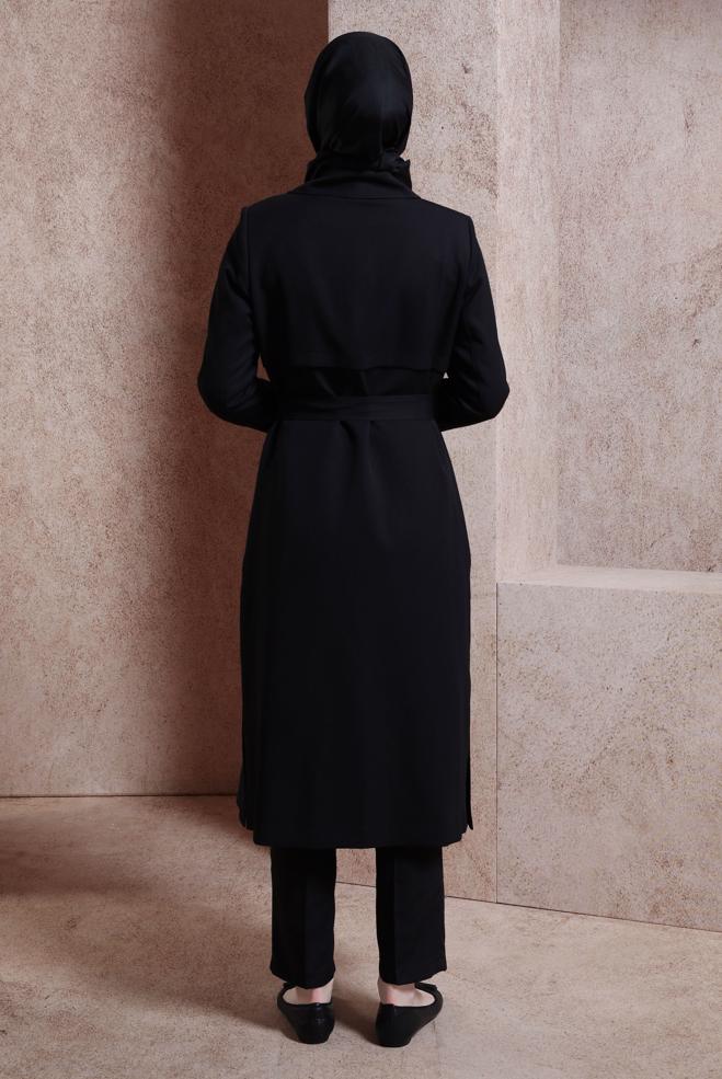 Tesettür giyim SİYAH KUŞAKLI TRENÇKOT 10868 - ALVİNA