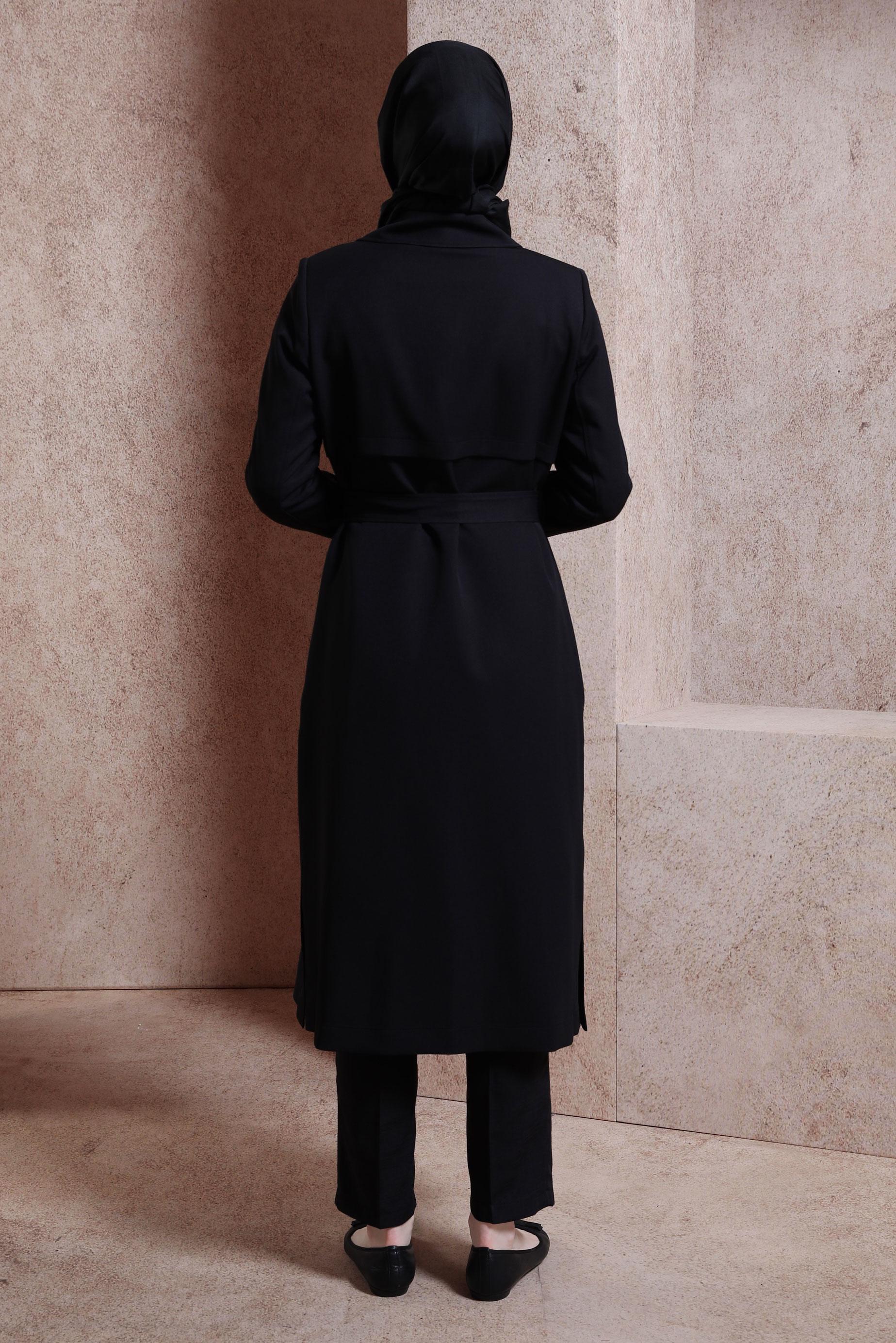 Tesettür giyim SİYAH KUŞAKLI TRENÇKOT 10868