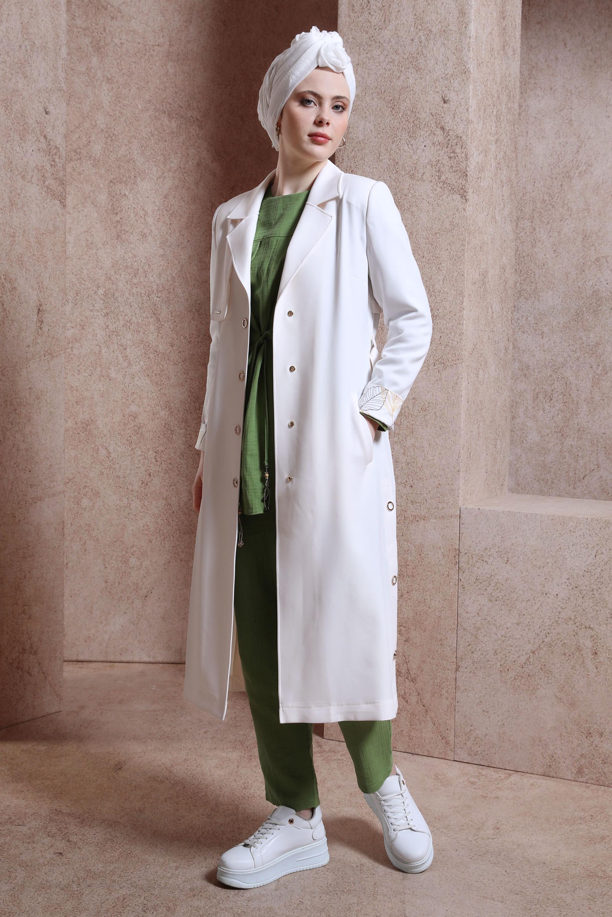 Tesettür giyim BEYAZ KUŞAKLI TRENÇKOT 10868