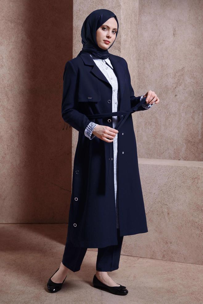 Hijab clothing NAVY BLUE BELTED TRENCH COAT 10868 - ALVİNA