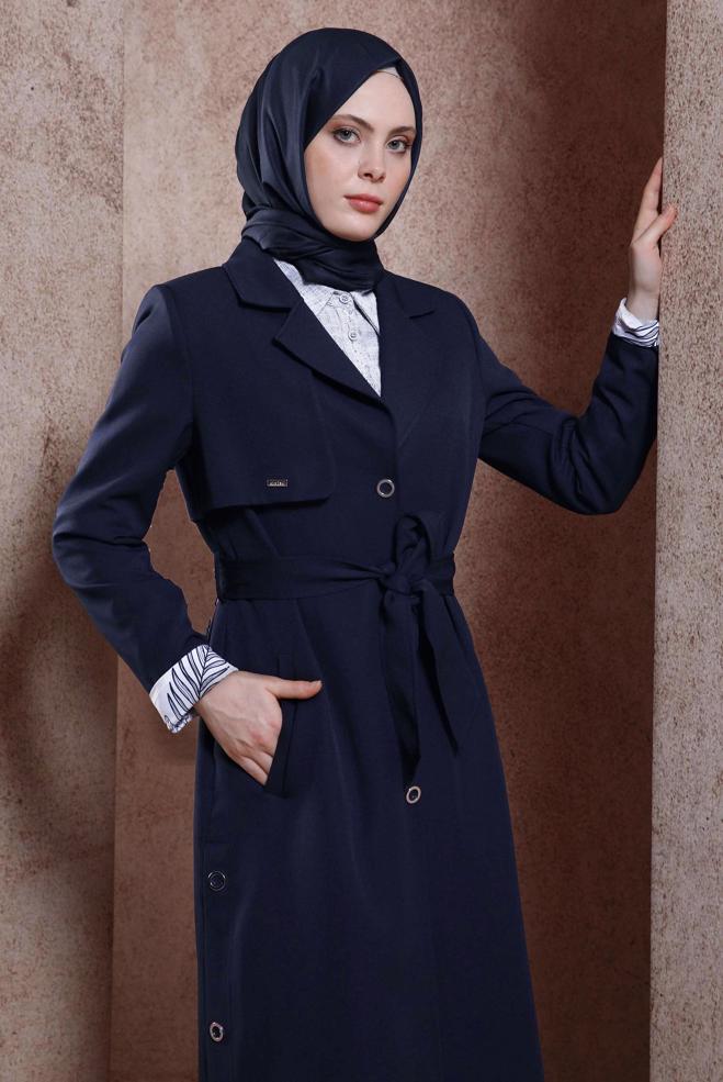 Hijab clothing NAVY BLUE BELTED TRENCH COAT 10868 - ALVİNA