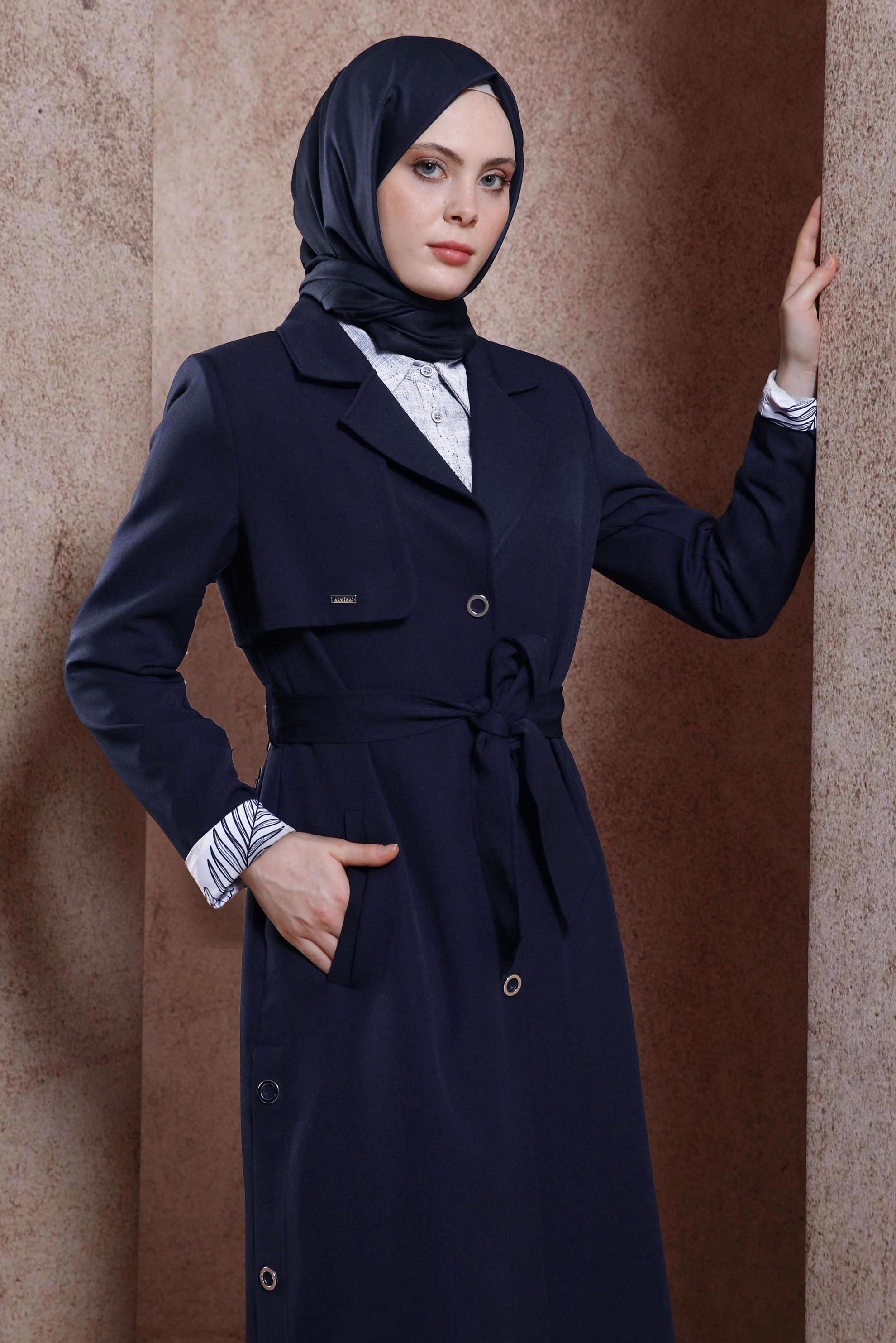 Hijab clothing NAVY BLUE BELTED TRENCH COAT 10868