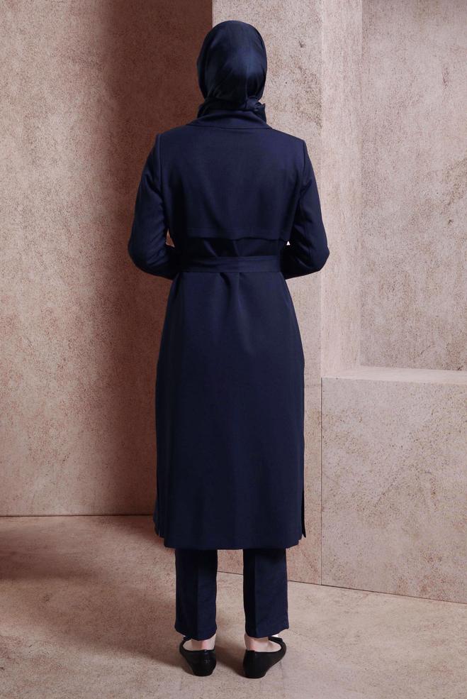 Hijab clothing NAVY BLUE BELTED TRENCH COAT 10868 - ALVİNA