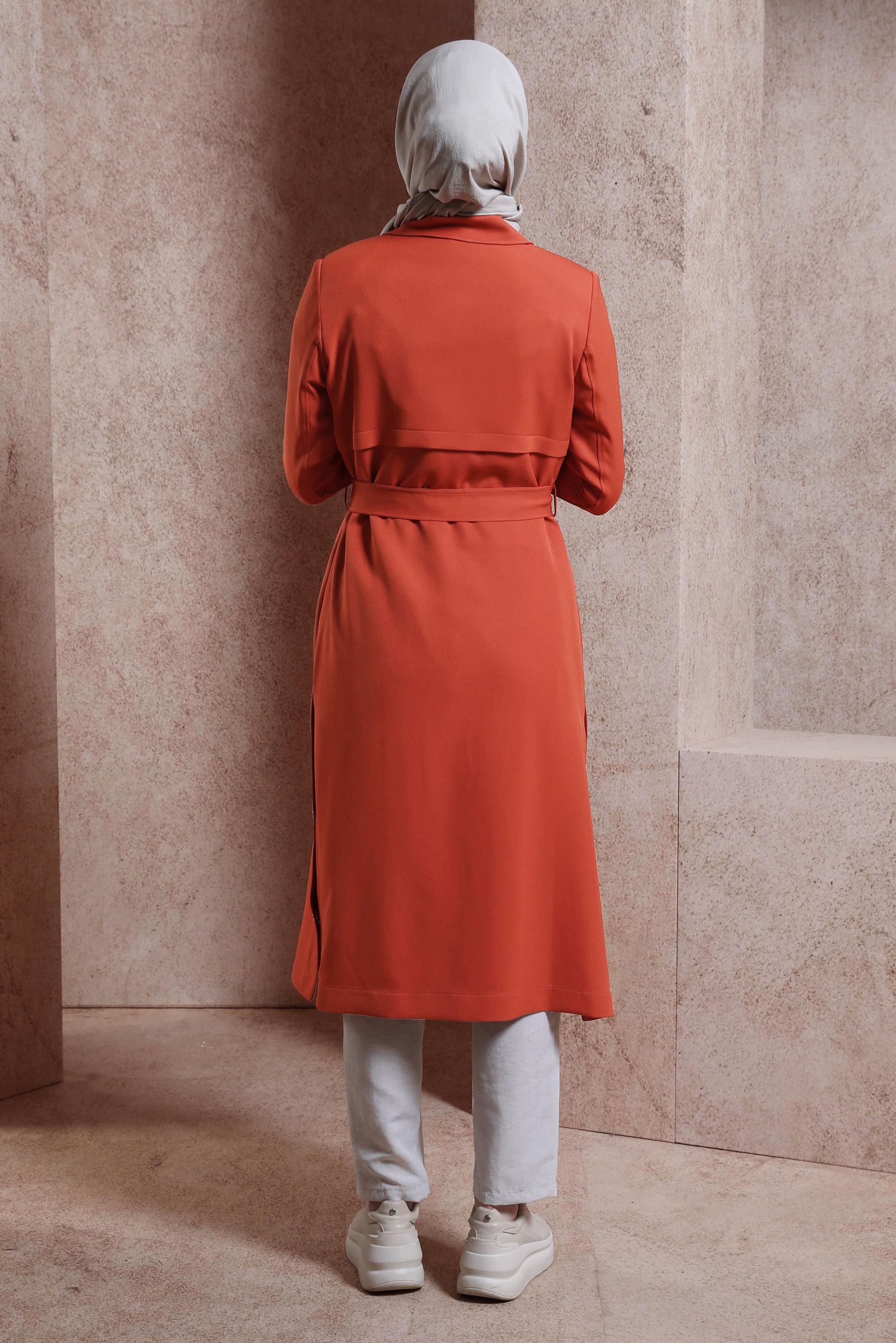 Tesettür giyim TURUNCU KUŞAKLI TRENÇKOT 10868