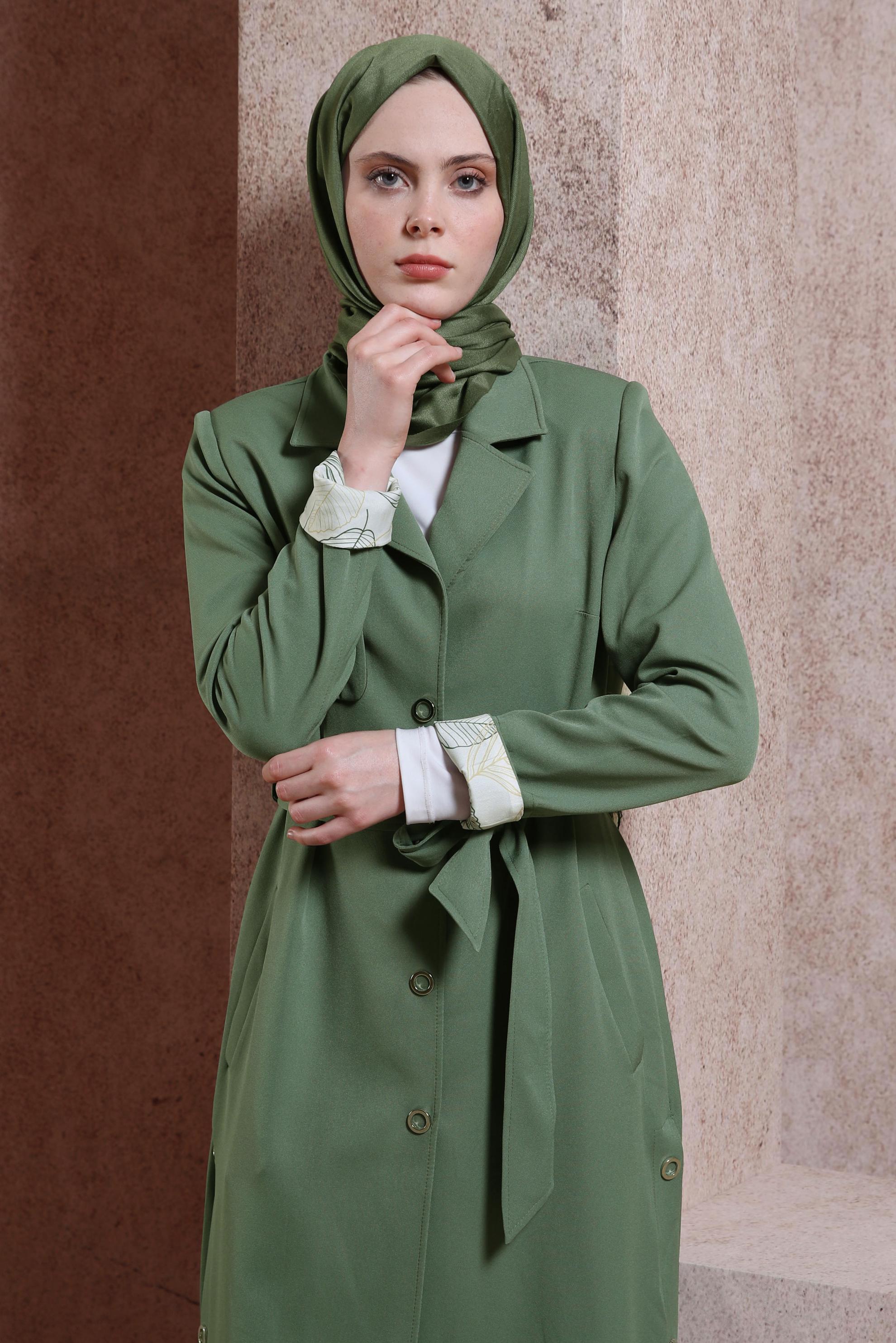 Tesettür giyim YEŞİL KUŞAKLI TRENÇKOT 10868