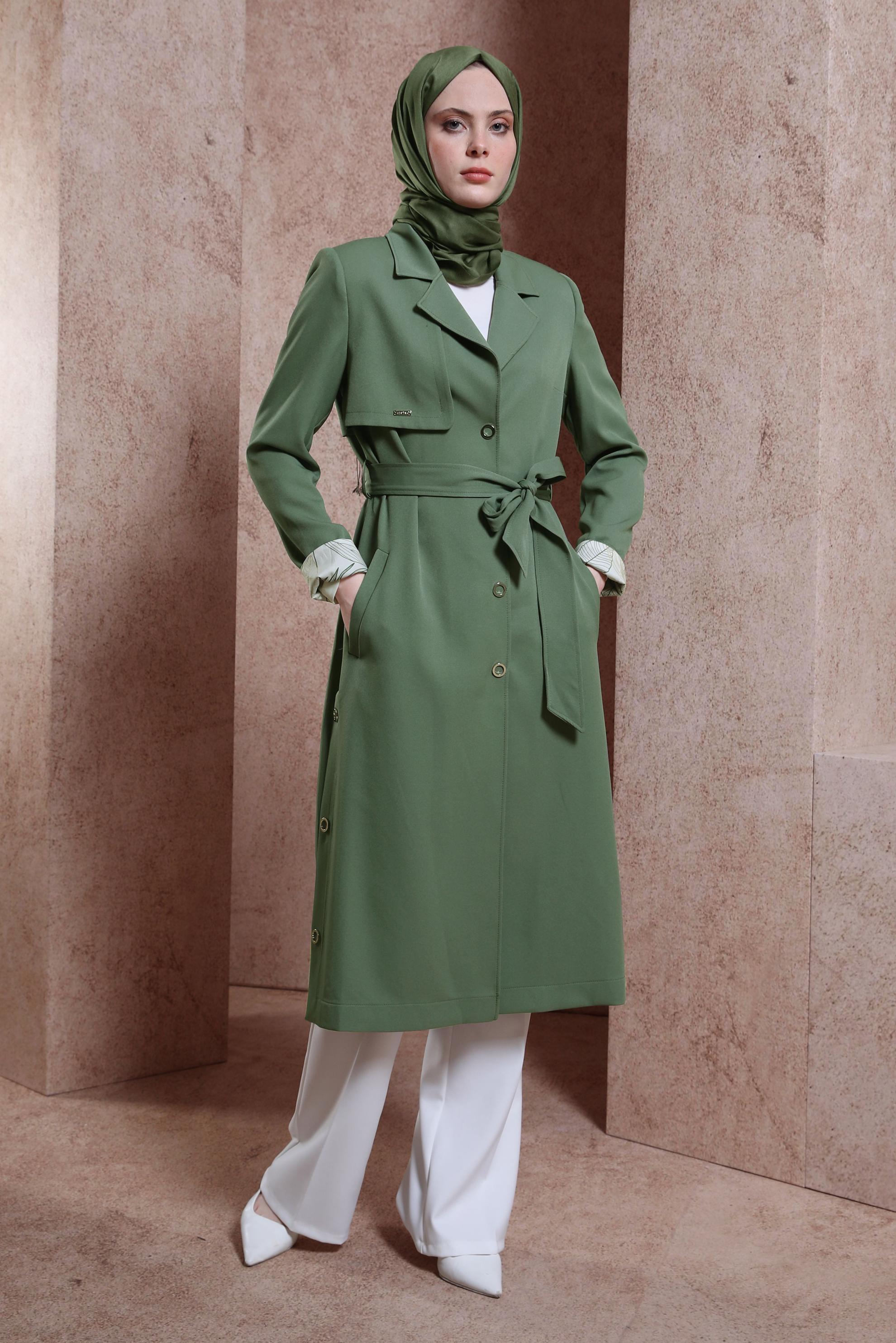 Tesettür giyim YEŞİL KUŞAKLI TRENÇKOT 10868