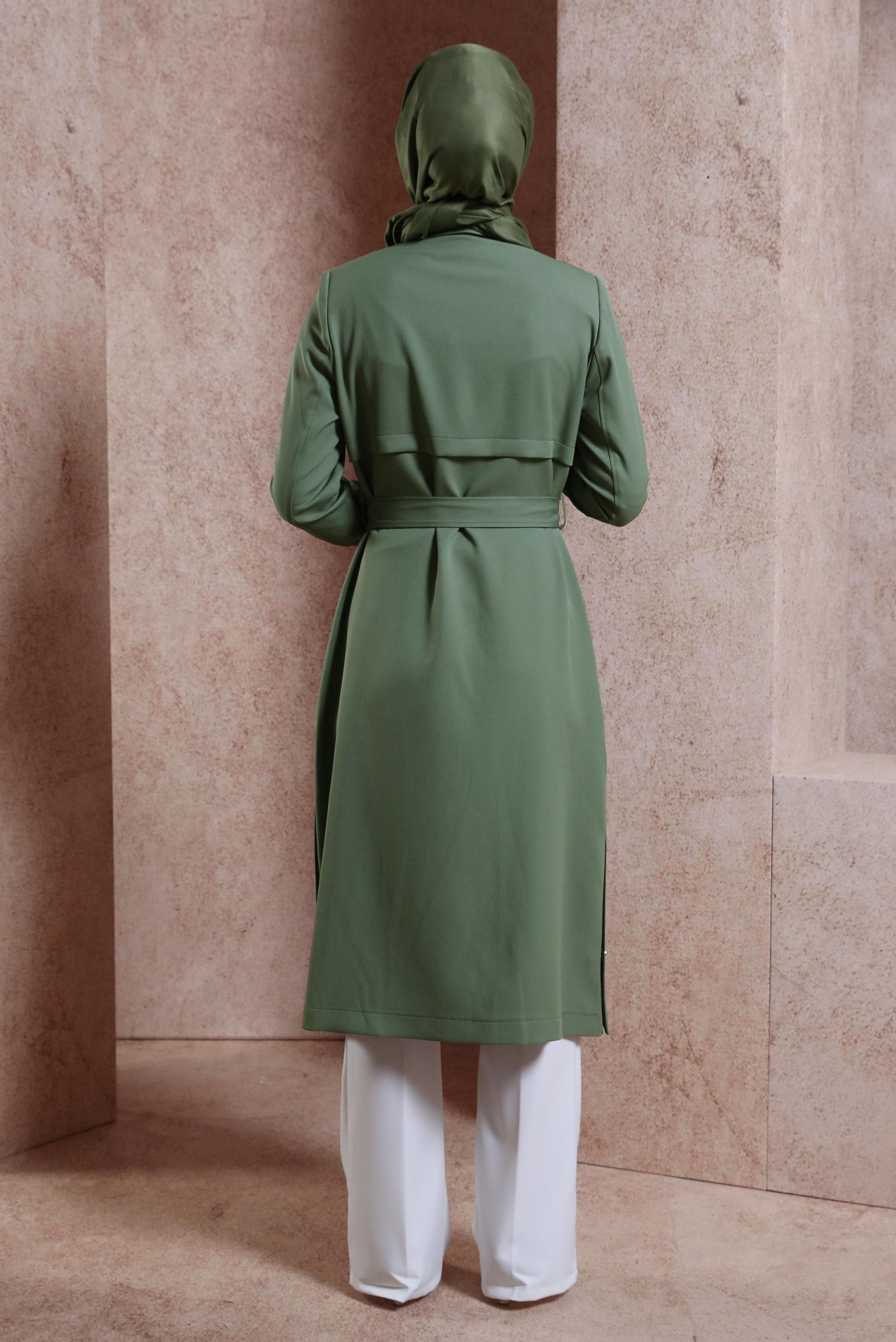 Tesettür giyim YEŞİL KUŞAKLI TRENÇKOT 10868