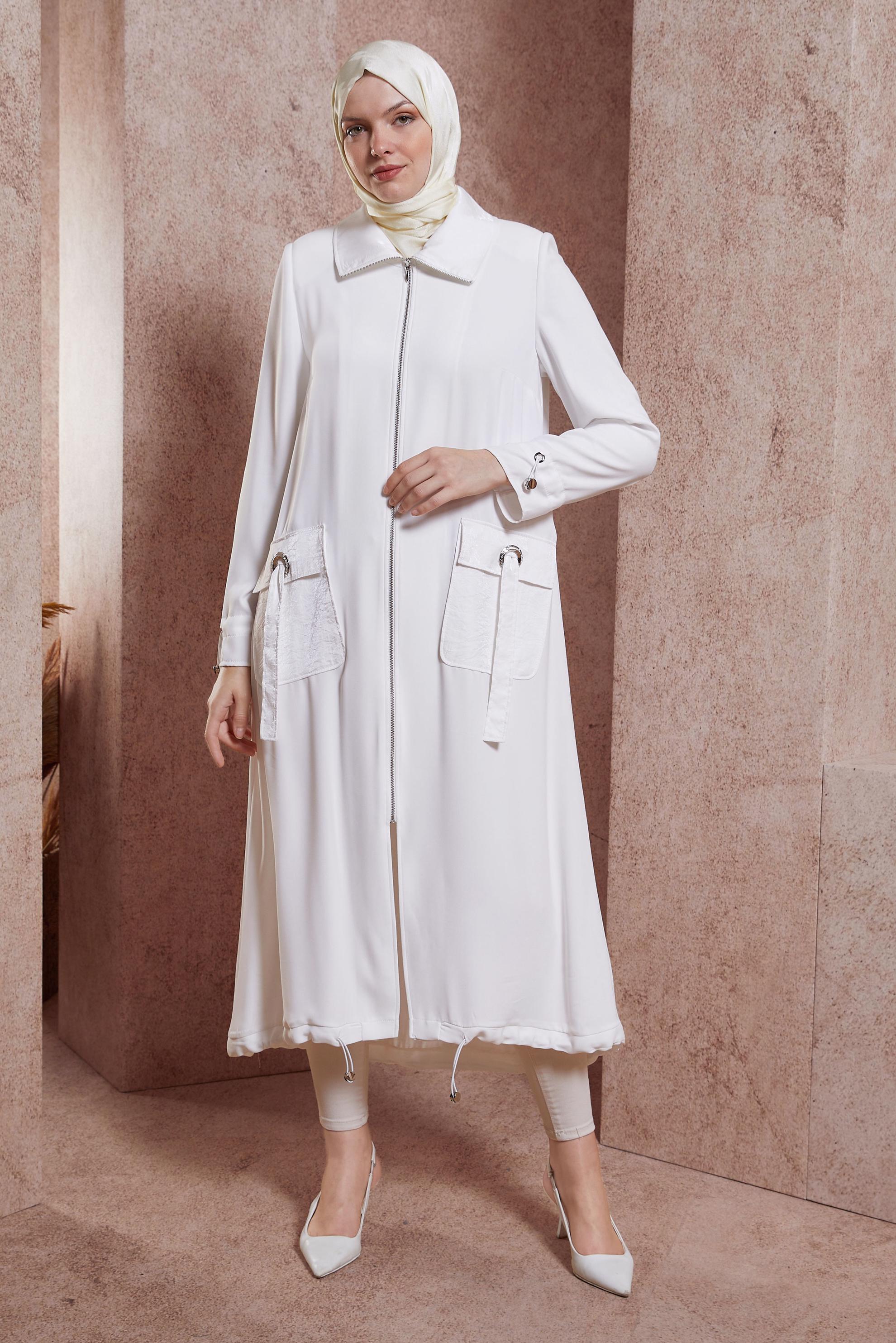 Tesettür giyim BEYAZ FERMUARLI TRENÇKOT 10869