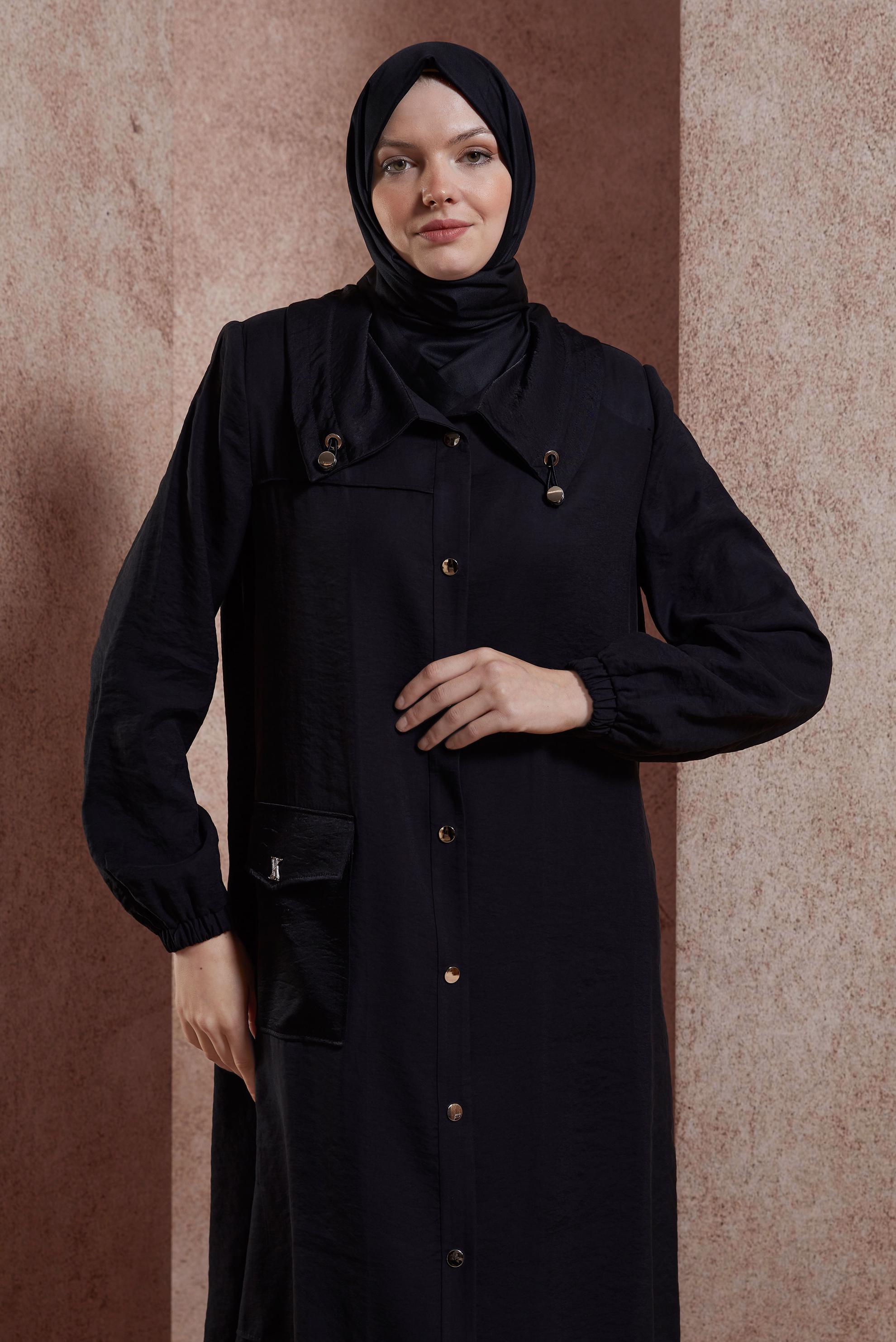 Tesettür giyim SİYAH ÇITÇITLI TRENÇKOT 10871