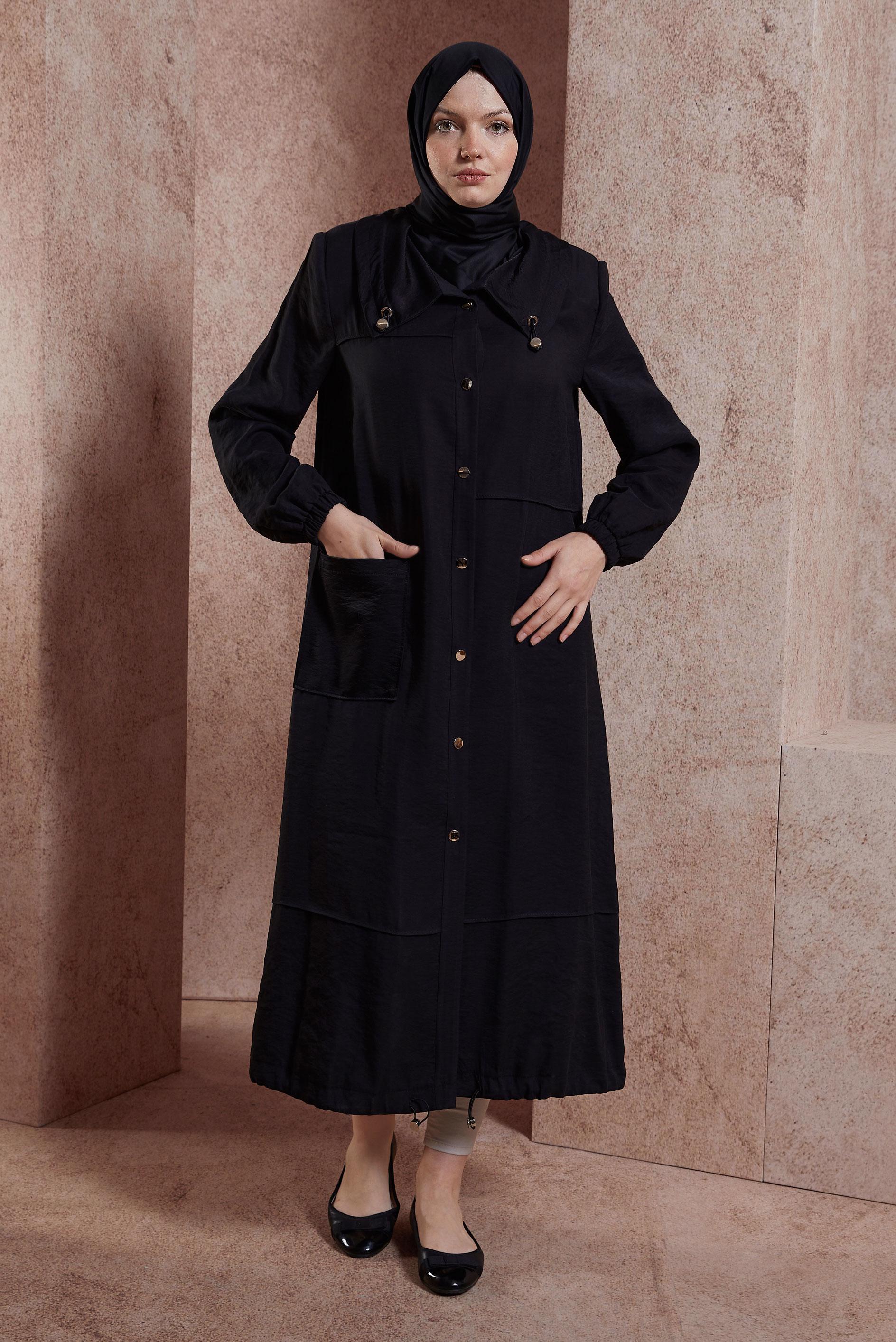 Tesettür giyim SİYAH ÇITÇITLI TRENÇKOT 10871