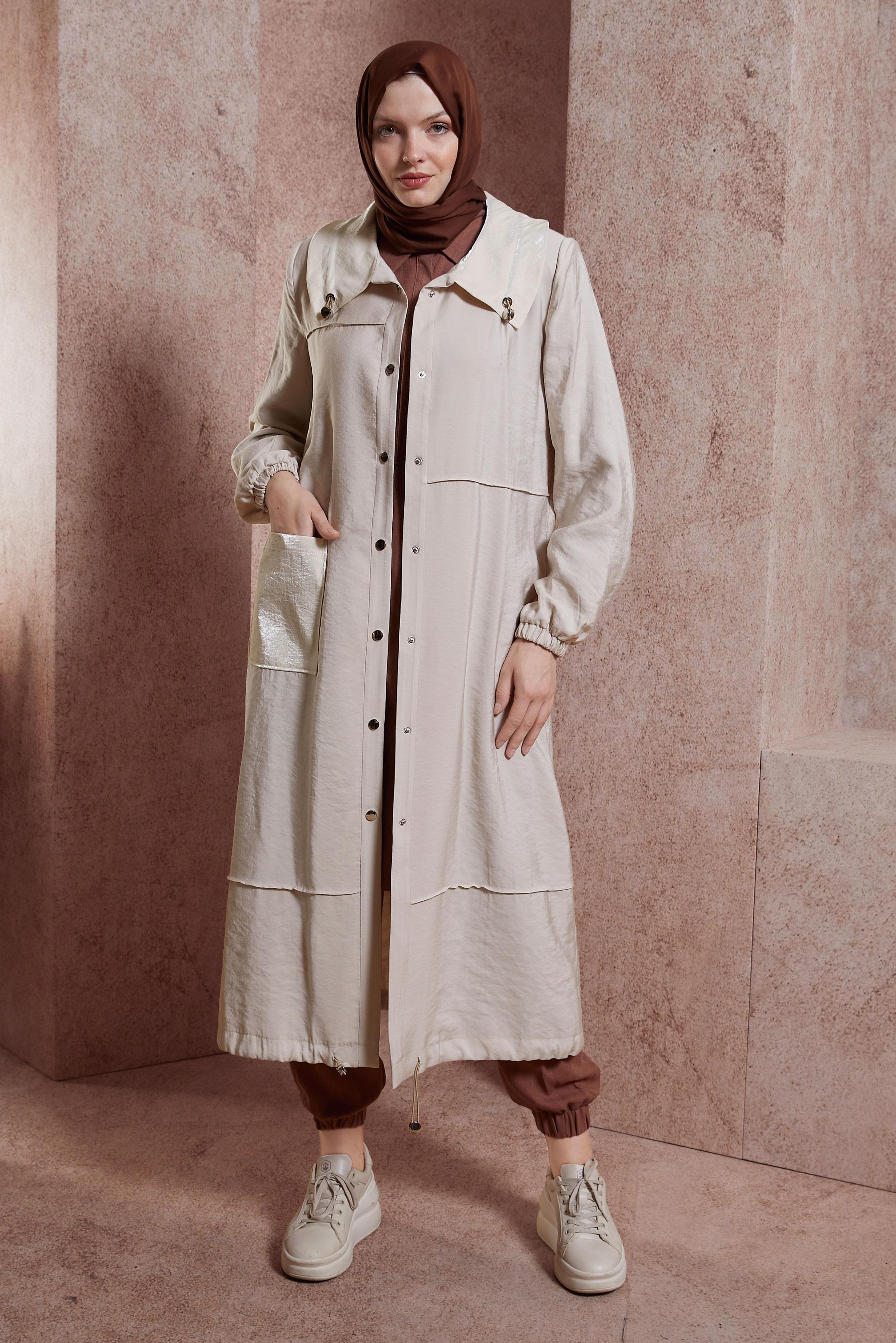 Tesettür giyim BEJ ÇITÇITLI TRENÇKOT 10871