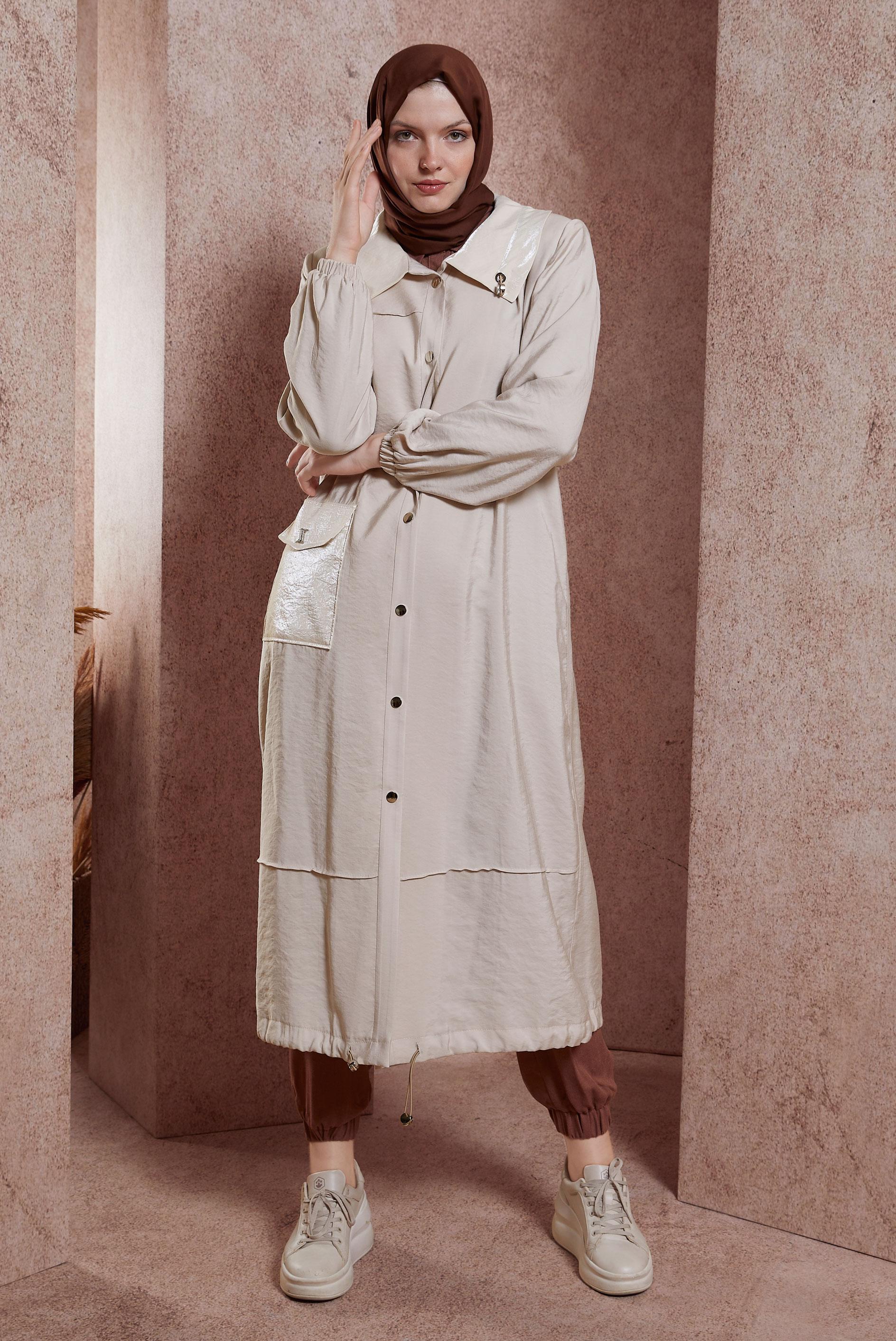 Tesettür giyim BEJ ÇITÇITLI TRENÇKOT 10871