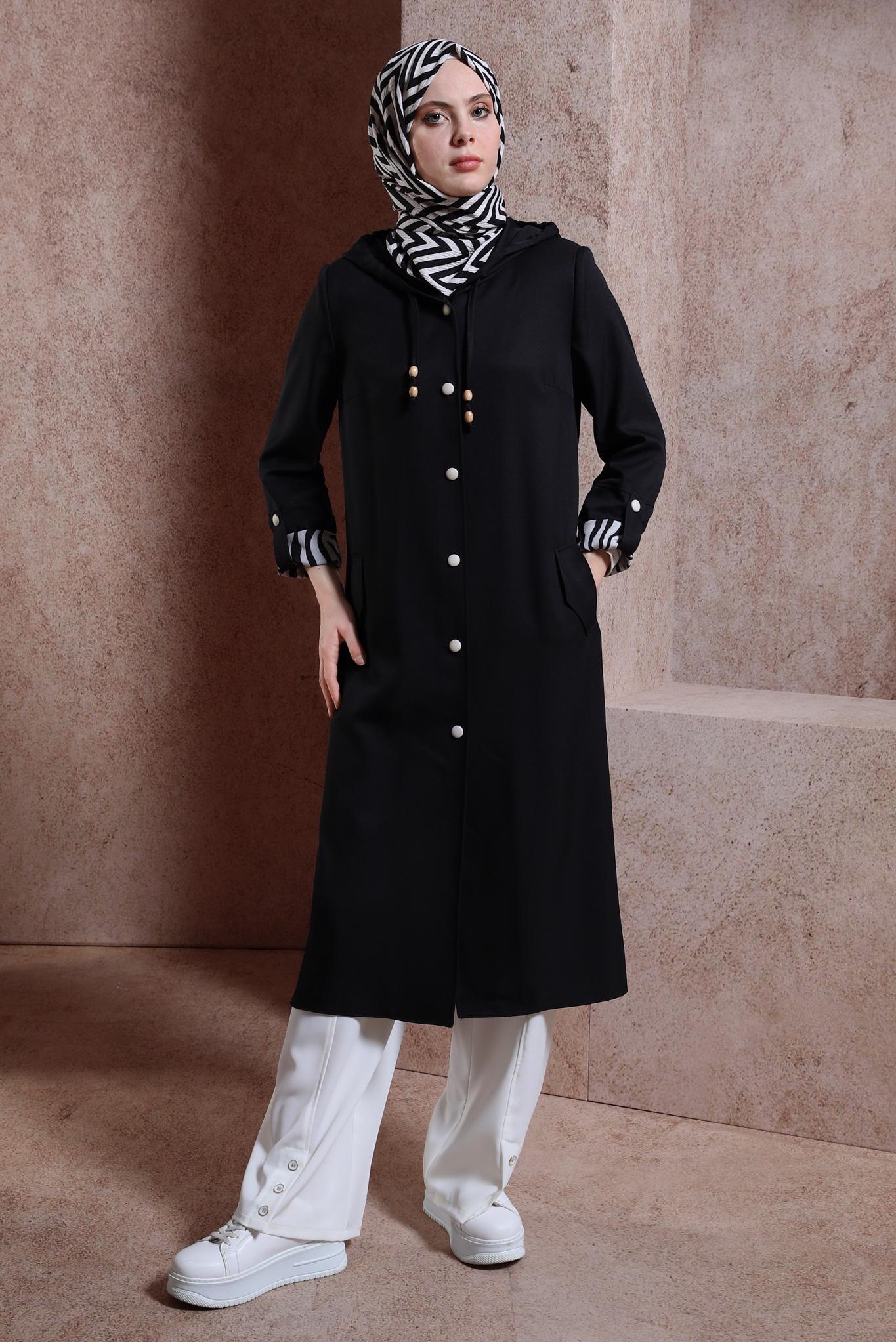 Tesettür giyim SİYAH KAPÜŞONLU TRENÇKOT 10872