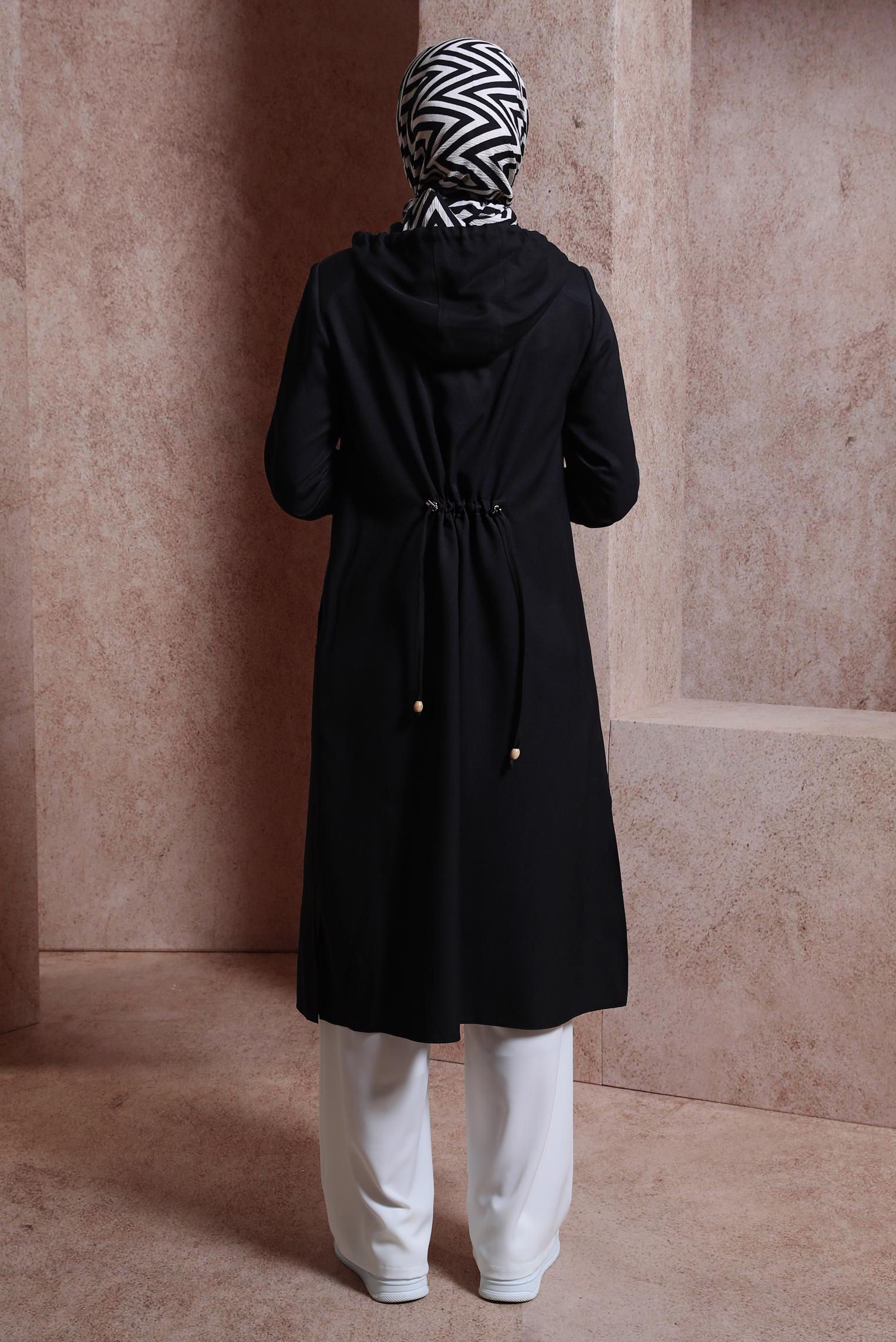 Tesettür giyim SİYAH KAPÜŞONLU TRENÇKOT 10872