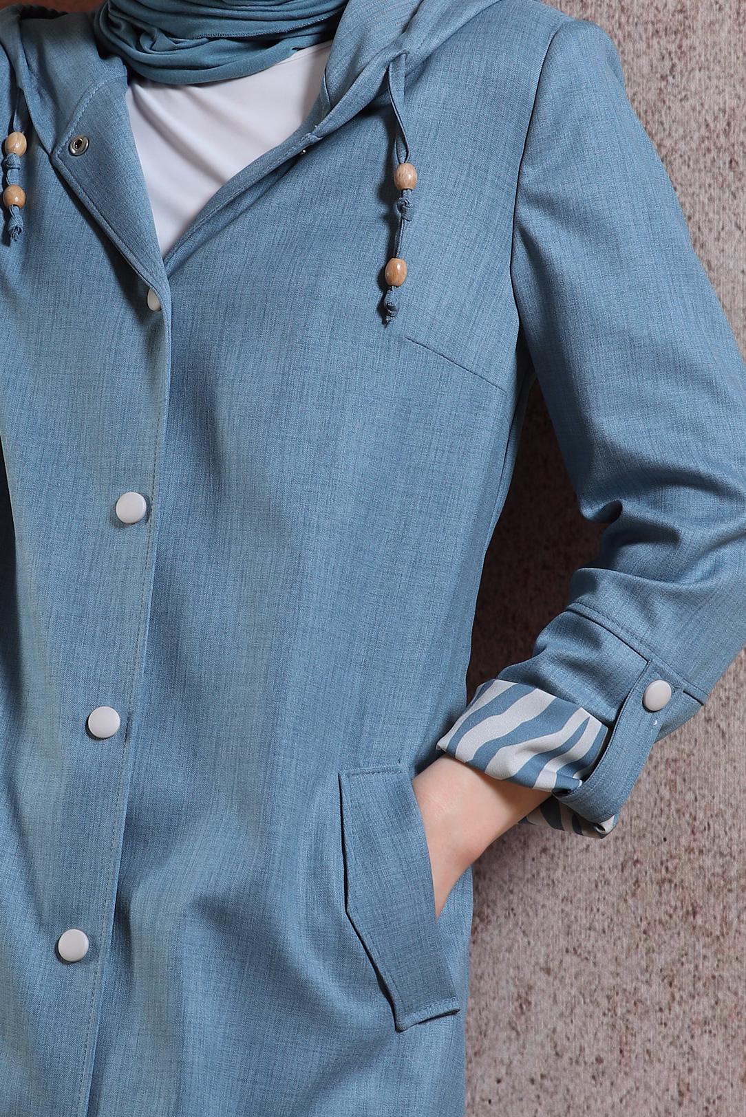 Tesettür giyim MAVİ KAPÜŞONLU TRENÇKOT 10872