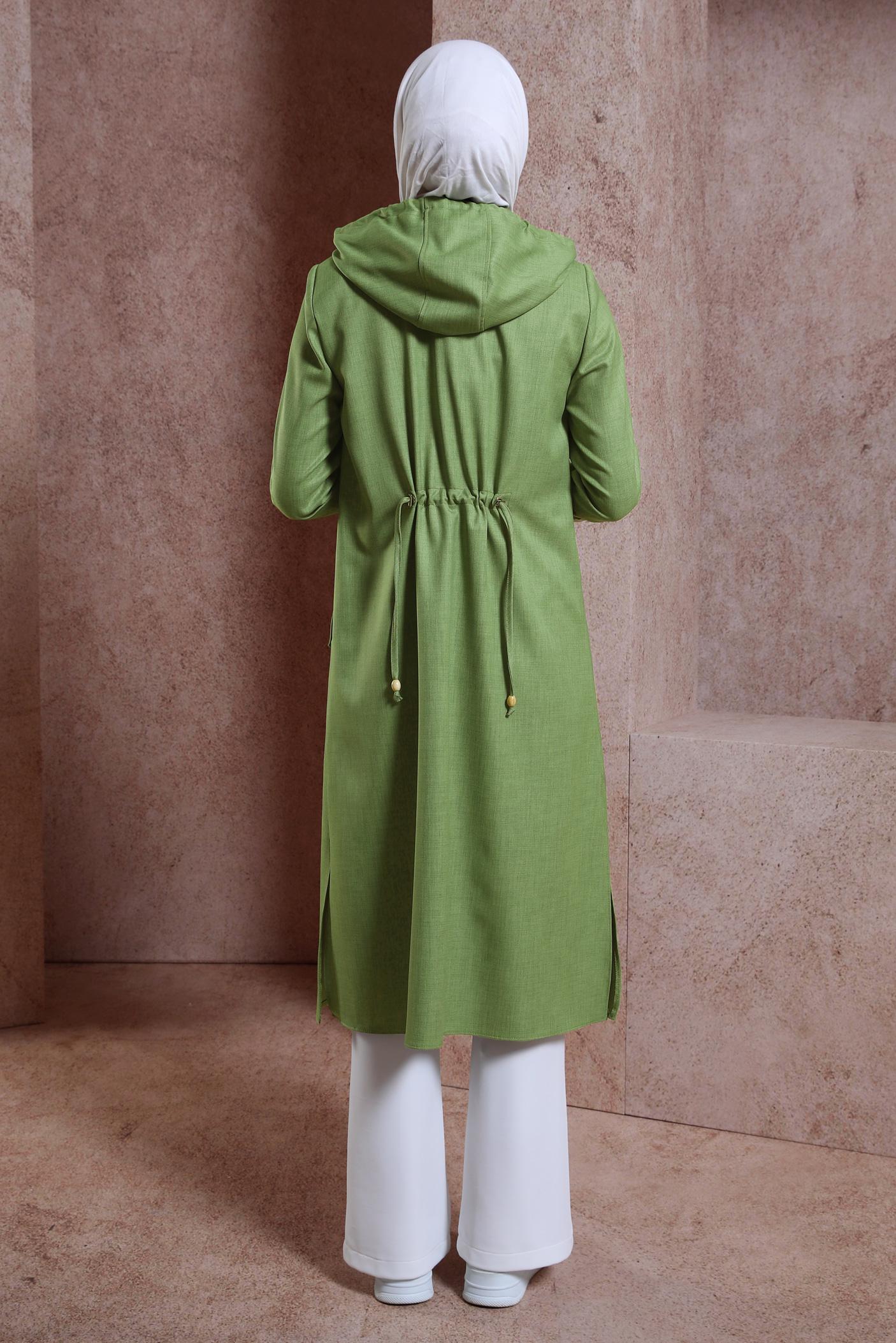 Tesettür giyim YEŞİL KAPÜŞONLU TRENÇKOT 10872