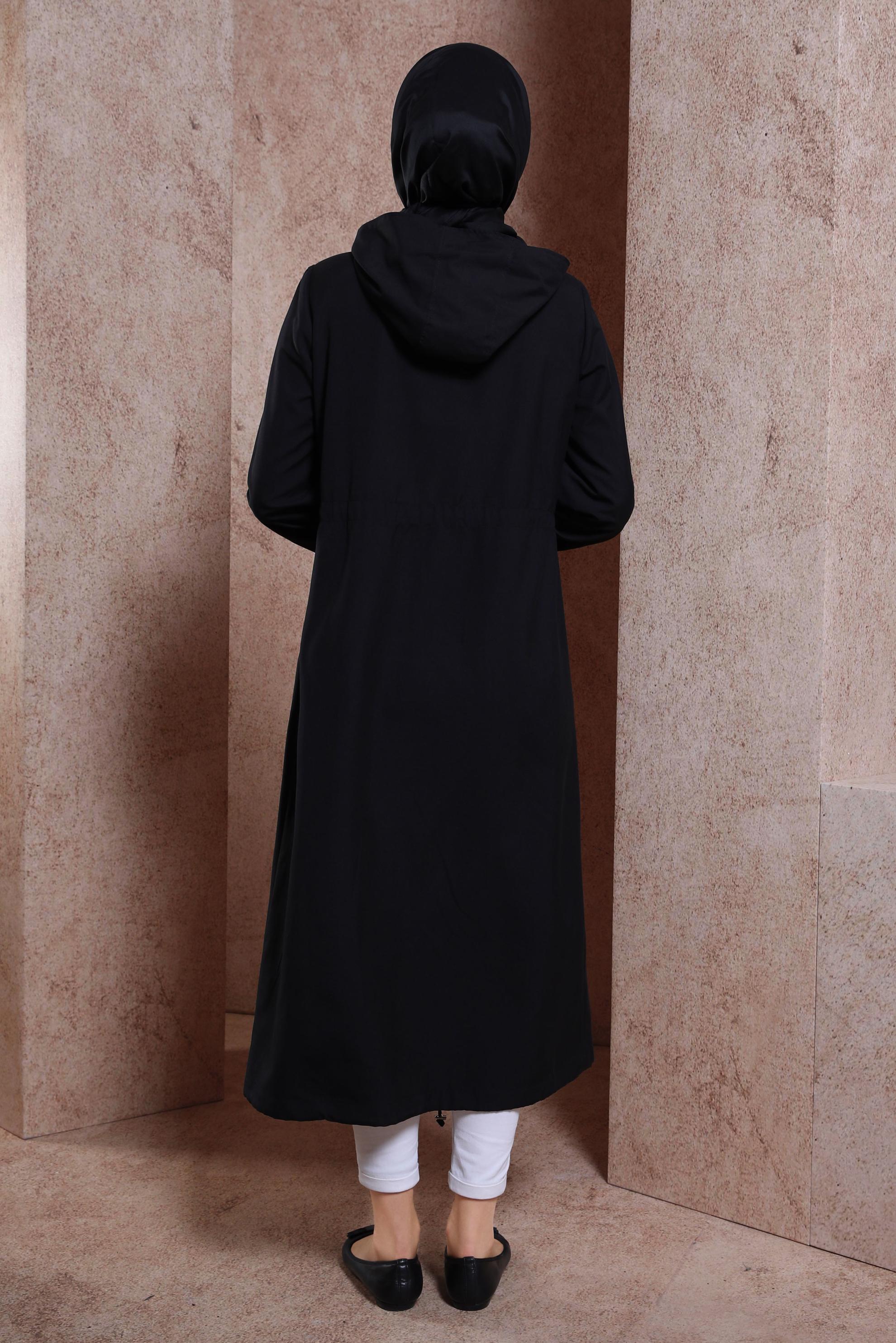 Tesettür giyim SİYAH KAPÜŞONLU TRENÇKOT 10873