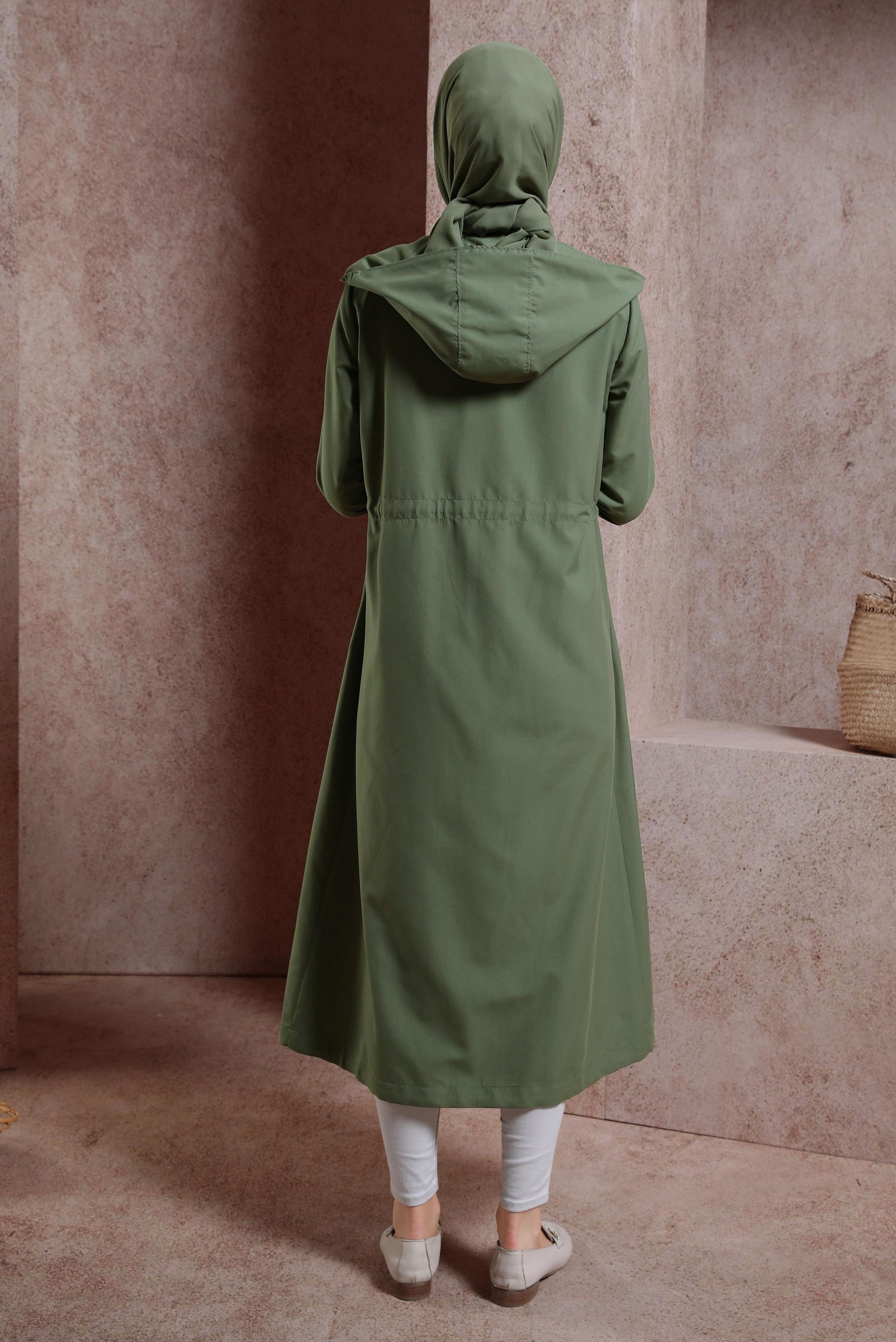 Tesettür giyim HAKİ KAPÜŞONLU TRENÇKOT 10873