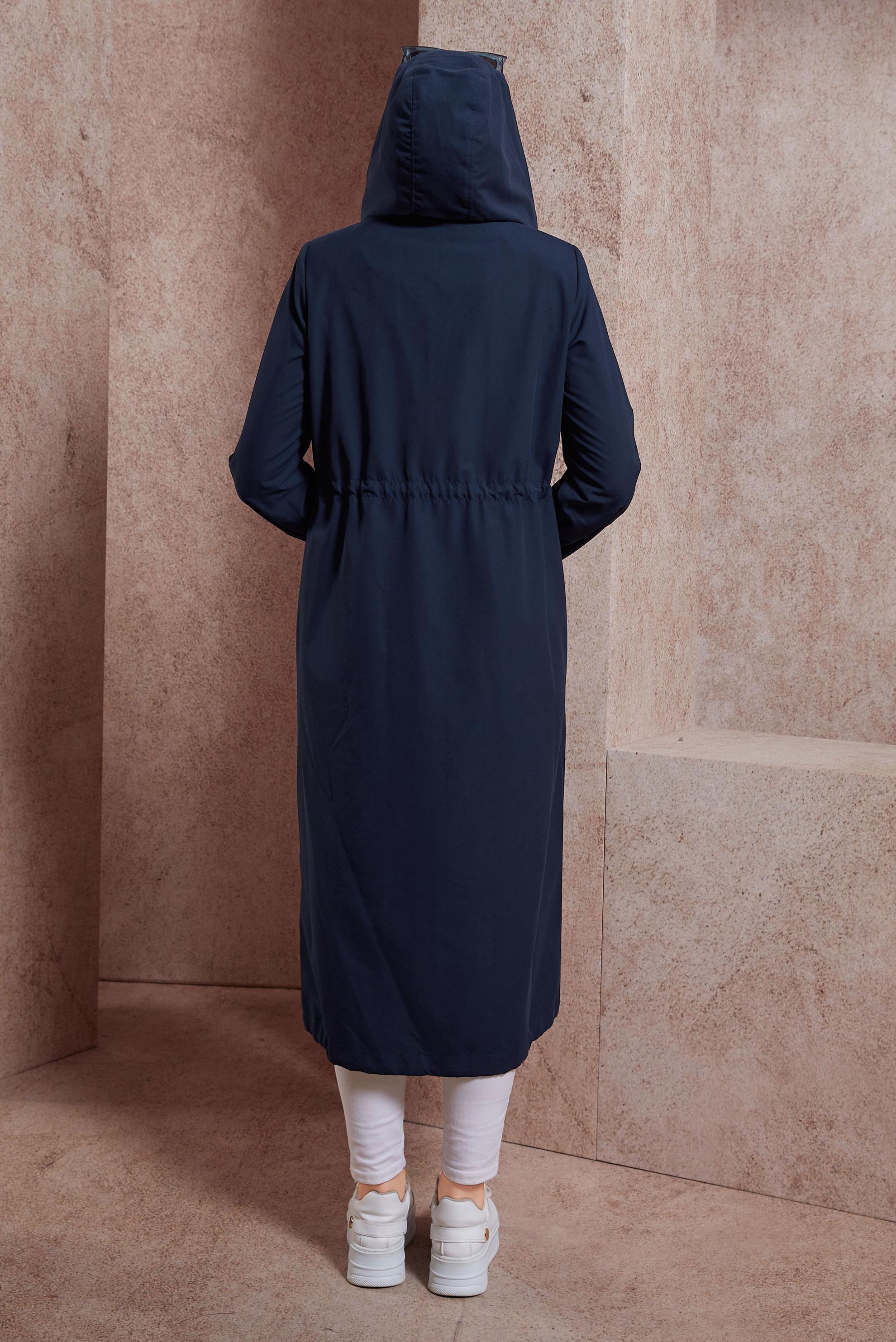 Tesettür giyim LACİVERT KAPÜŞONLU TRENÇKOT 10873