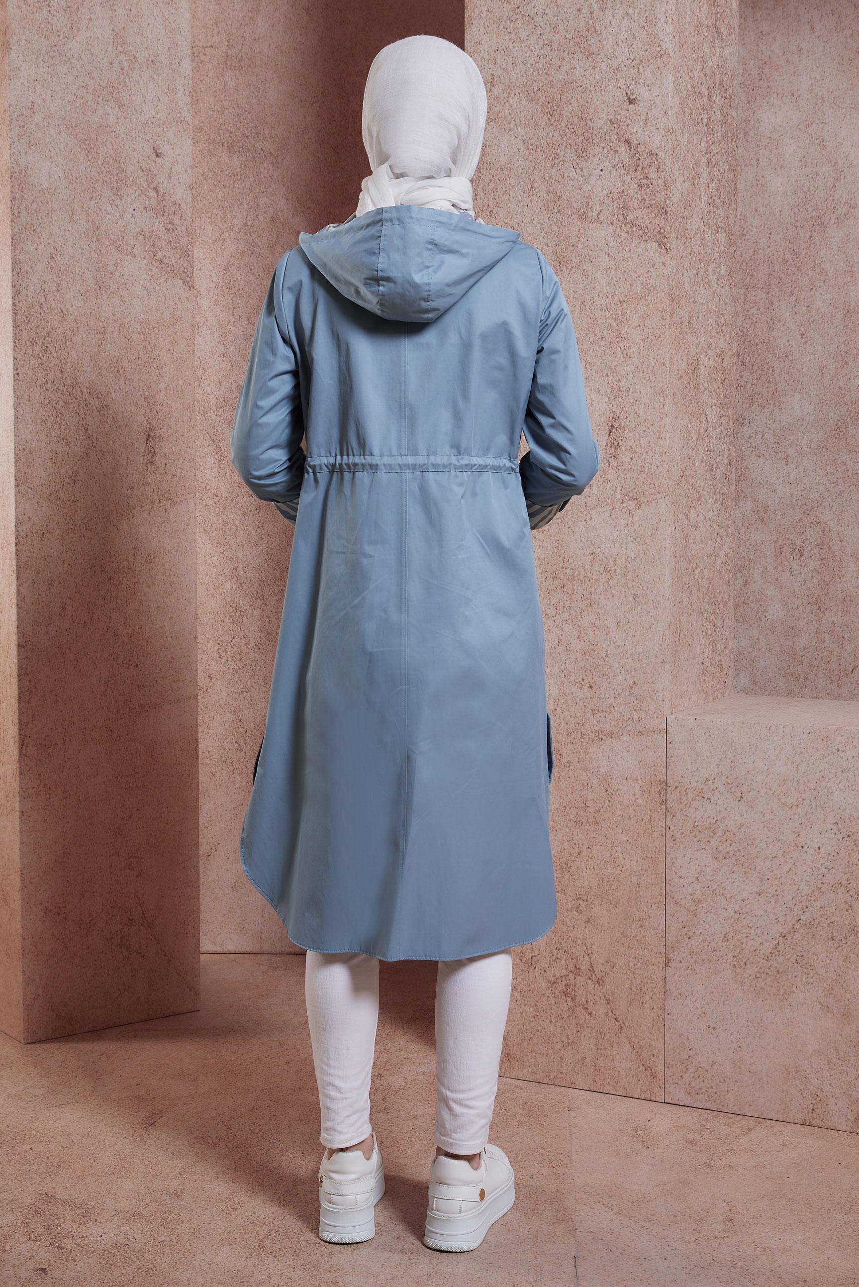 Tesettür giyim MAVİ KAPÜŞONLU TRENÇKOT 10874