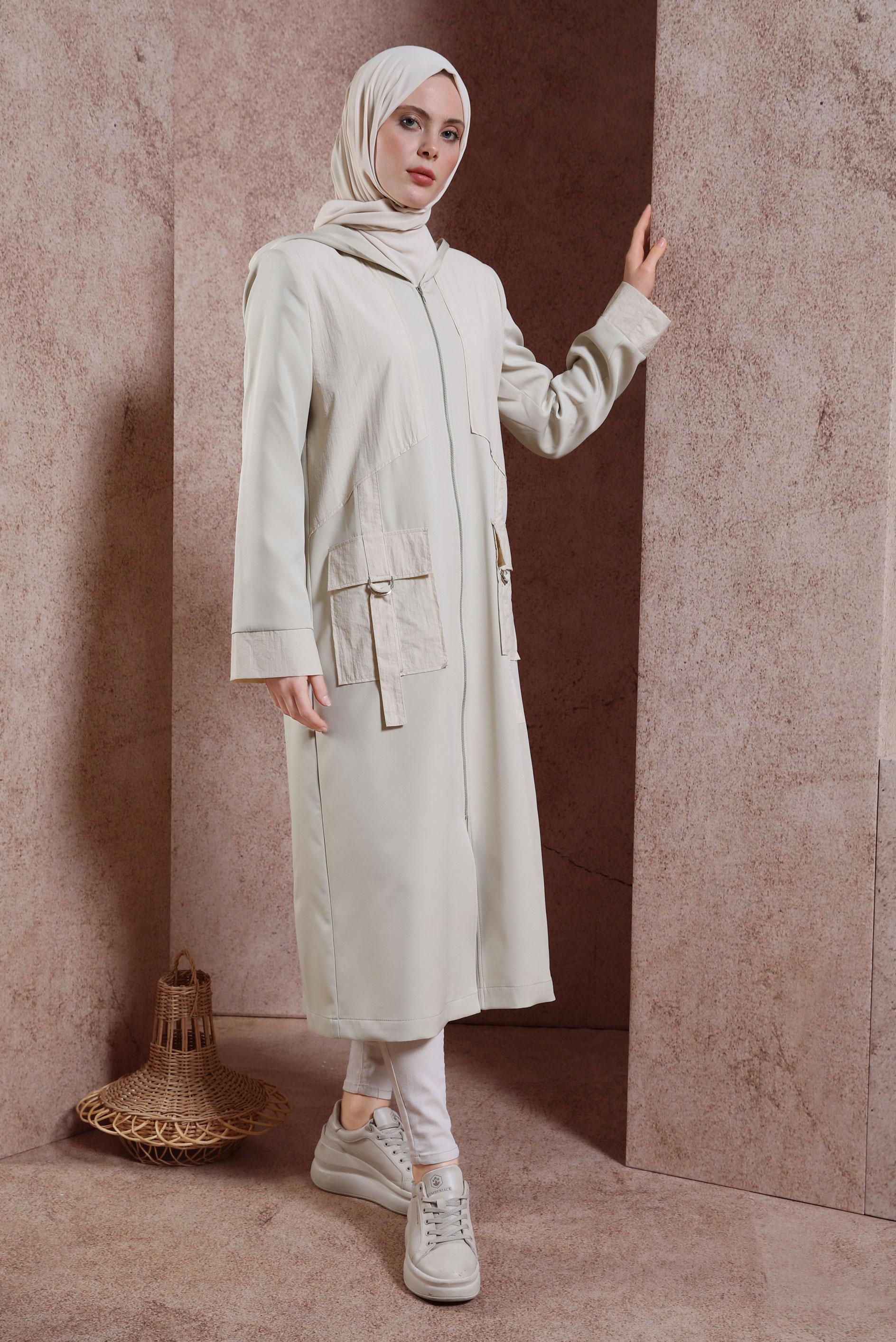 Tesettür giyim BEJ KAPÜŞONLU TRENÇKOT 10875