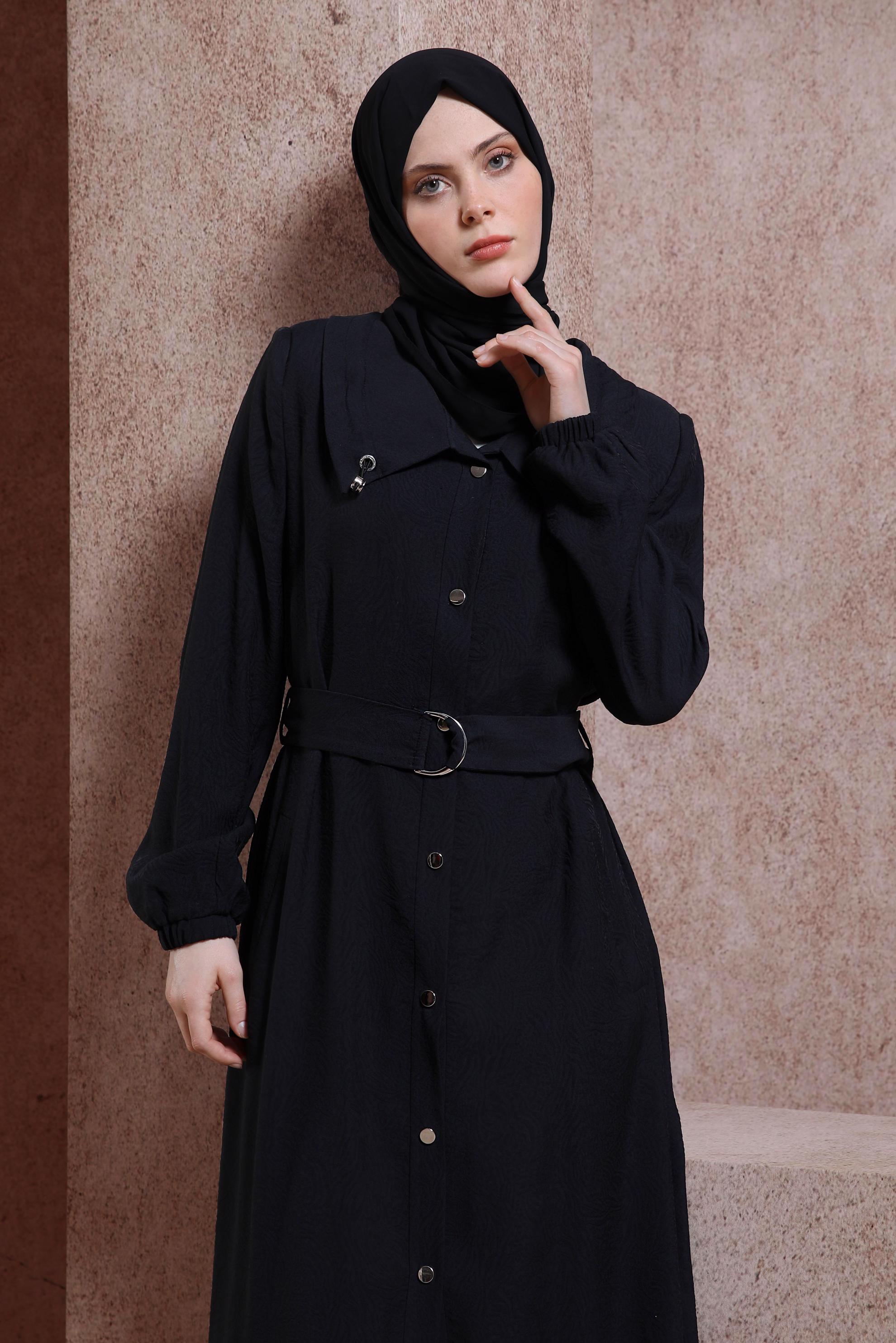 Tesettür giyim SİYAH KEMERLİ TRENÇKOT 10876