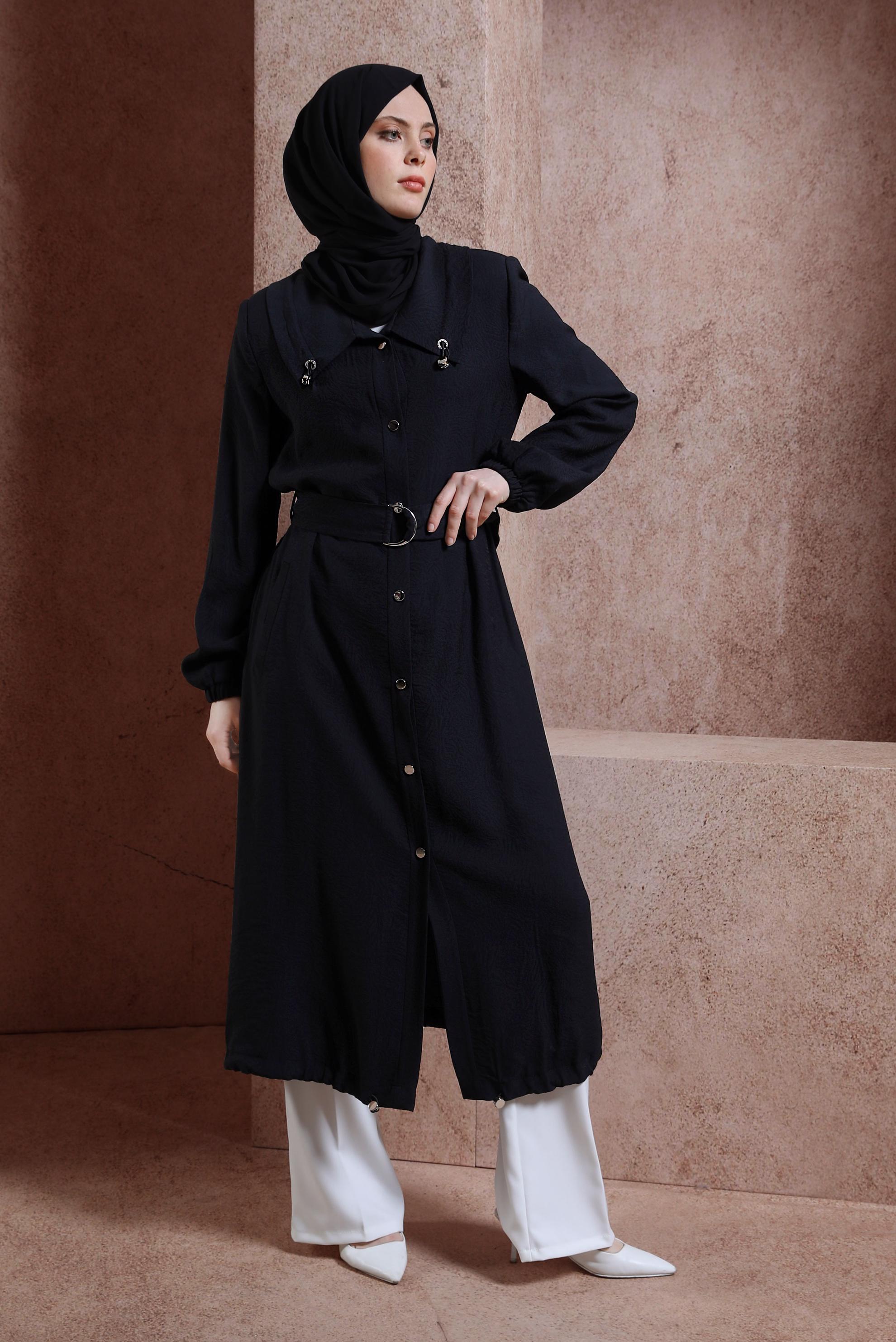 Tesettür giyim SİYAH KEMERLİ TRENÇKOT 10876