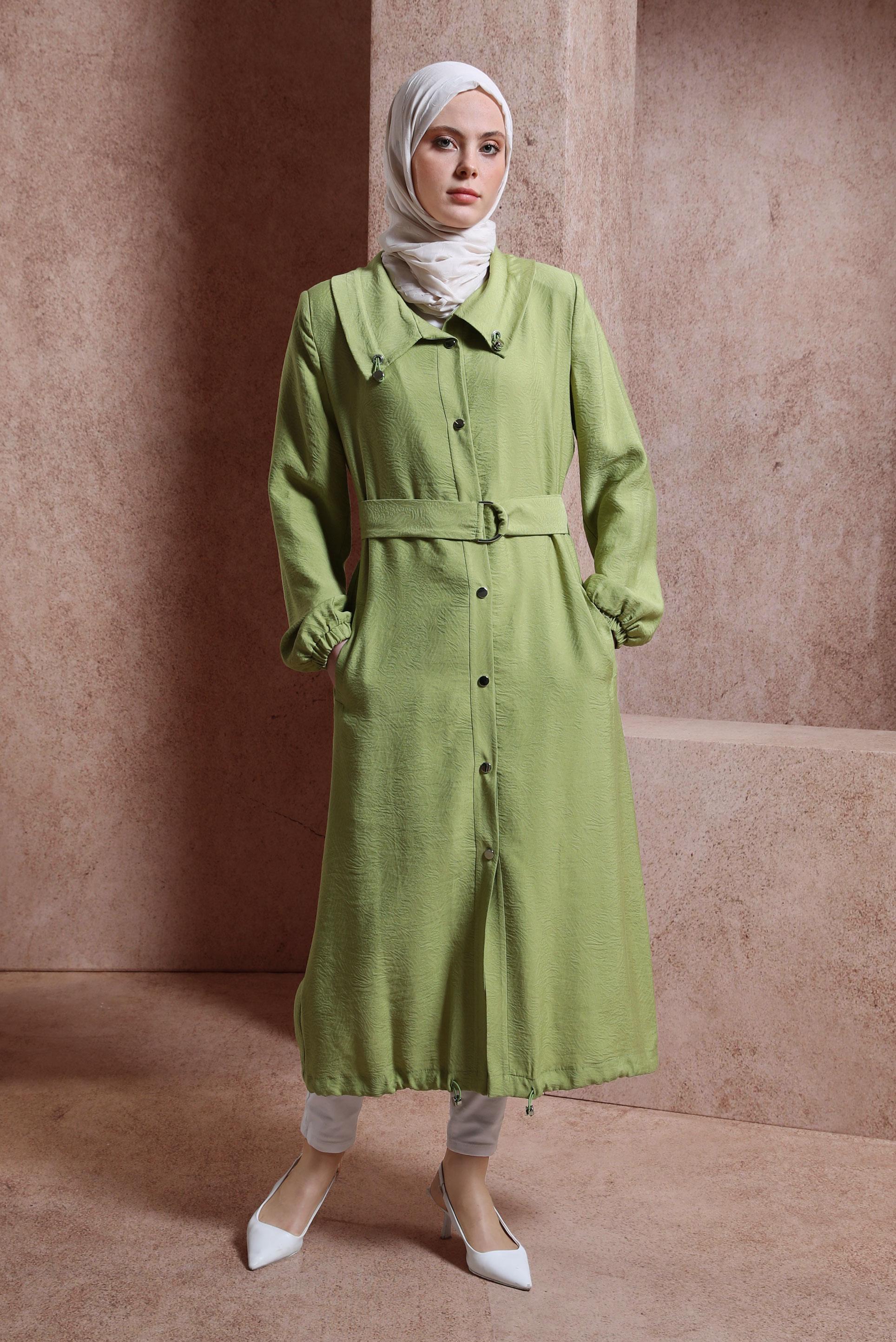 Tesettür giyim YEŞİL KEMERLİ TRENÇKOT 10876