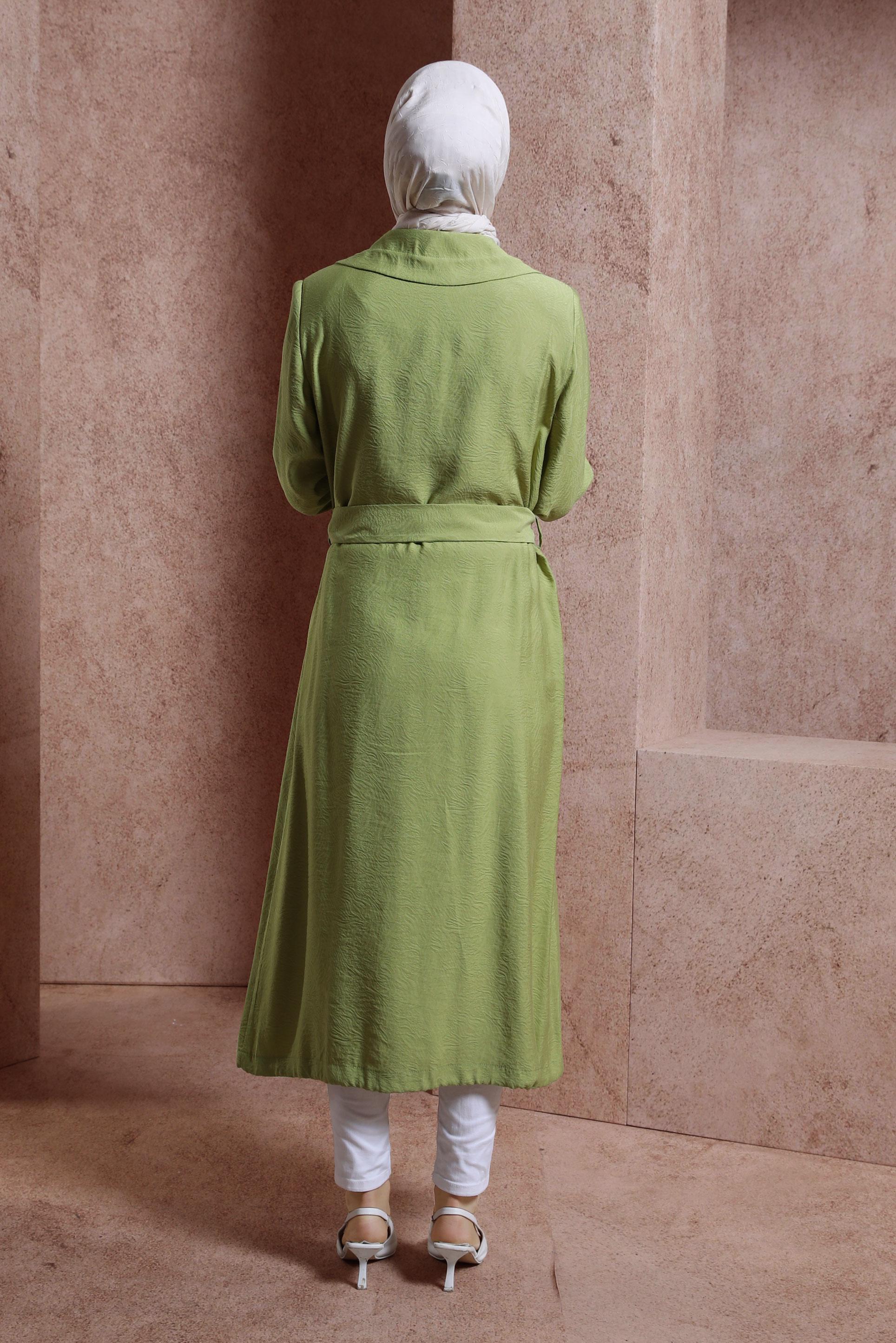 Tesettür giyim YEŞİL KEMERLİ TRENÇKOT 10876