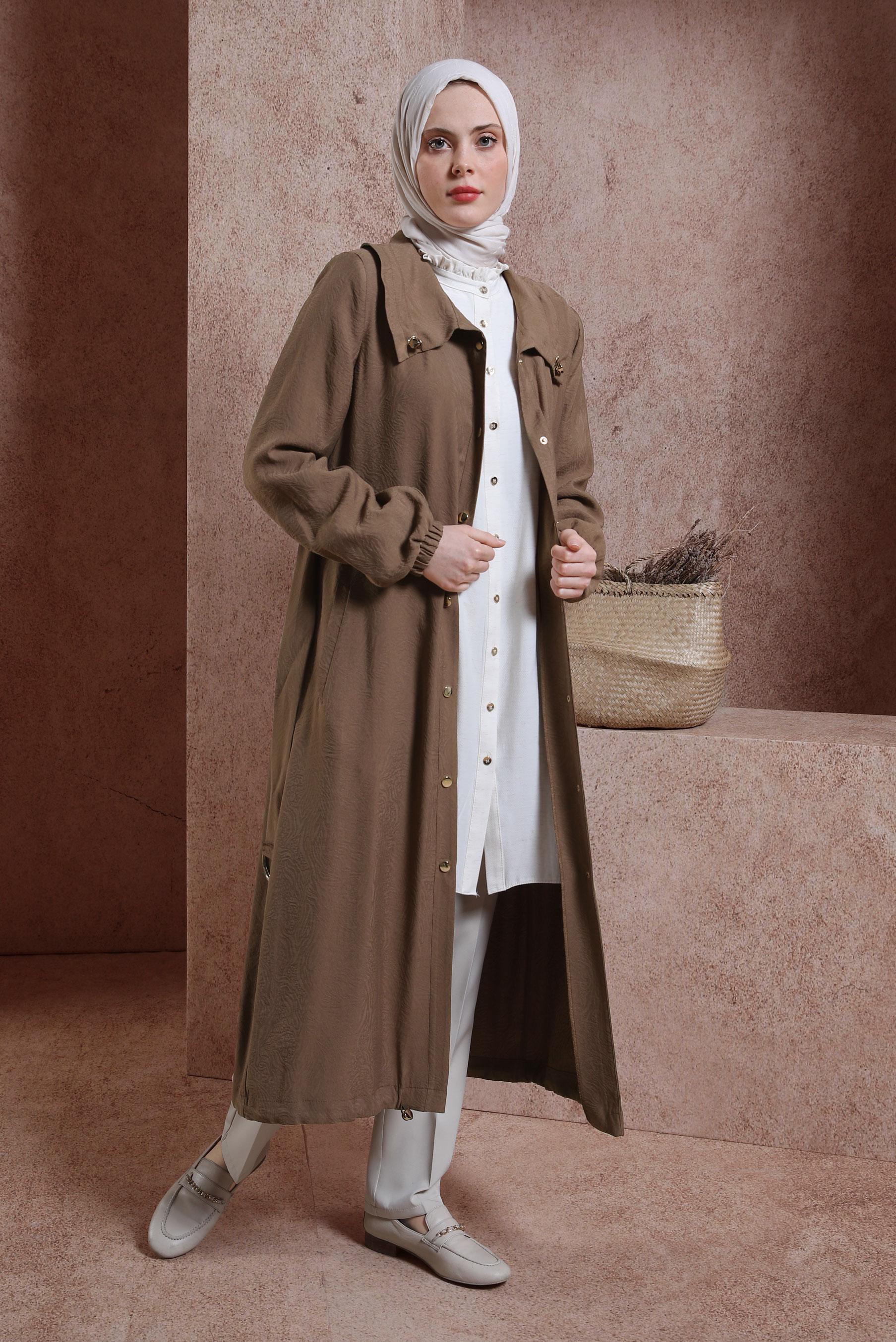 Tesettür giyim KAHVE KEMERLİ TRENÇKOT 10876