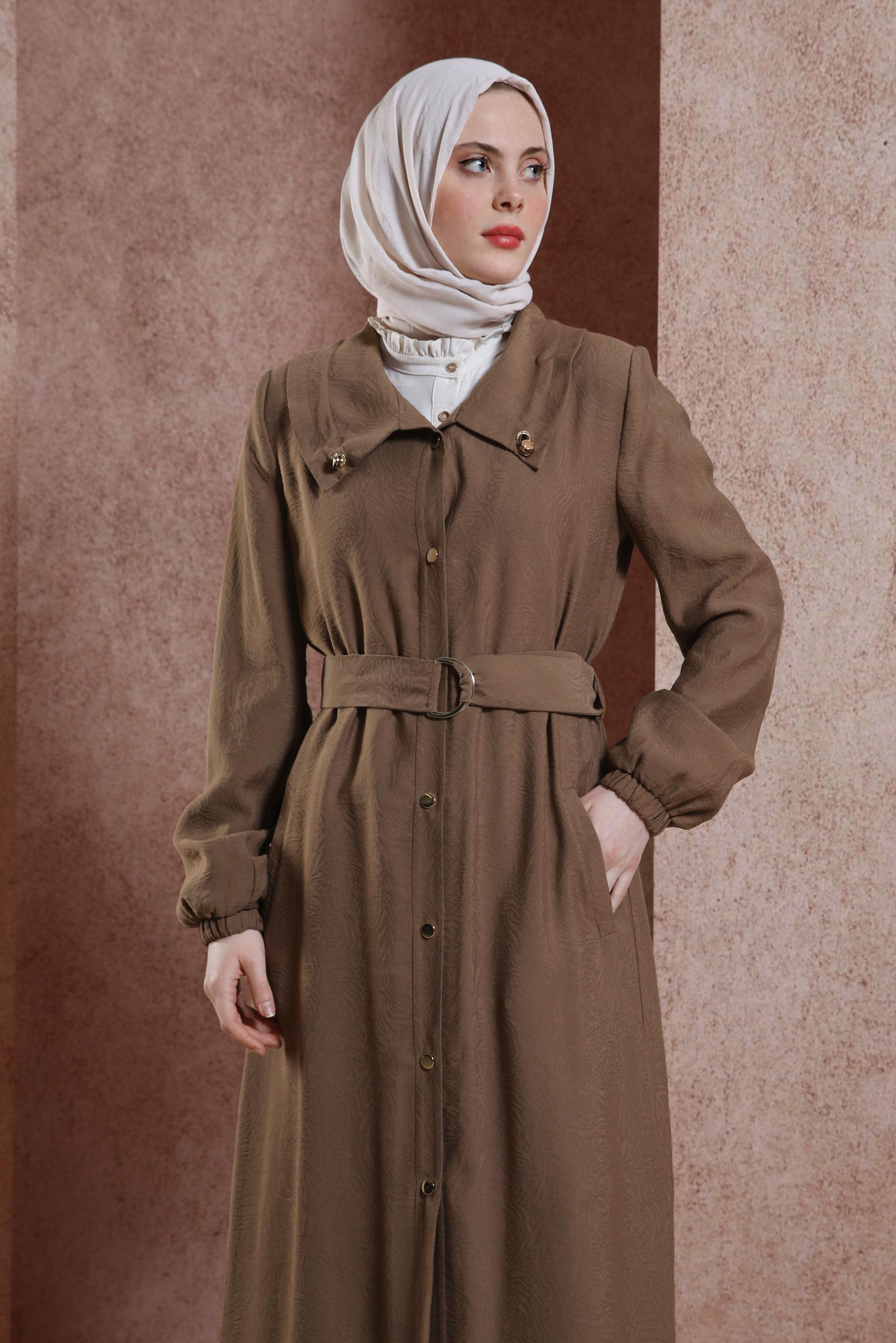 Tesettür giyim KAHVE KEMERLİ TRENÇKOT 10876
